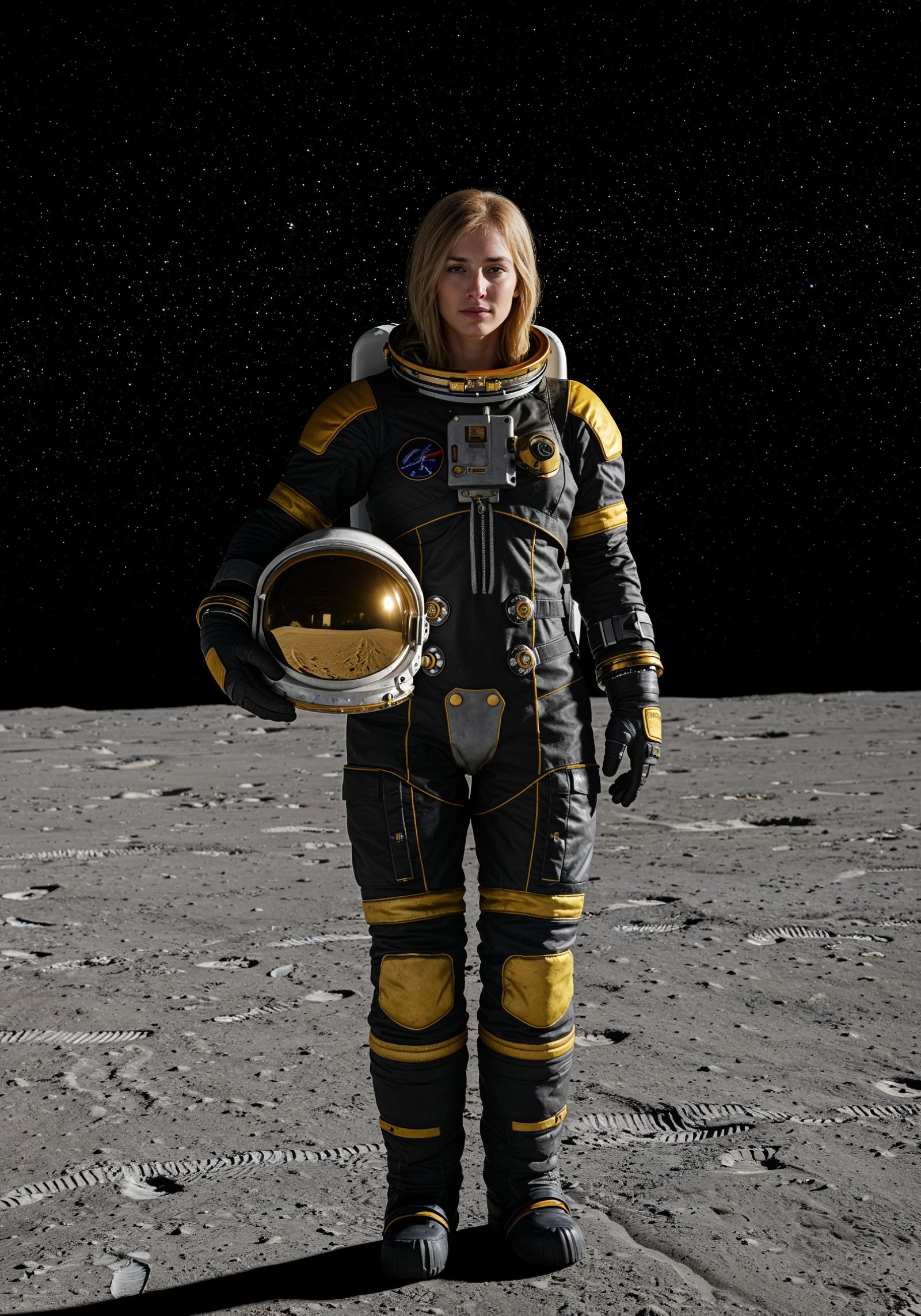 Young Female Astronaut in Spacesuit Standing on Alien Planet and Lunar Surface Landscape