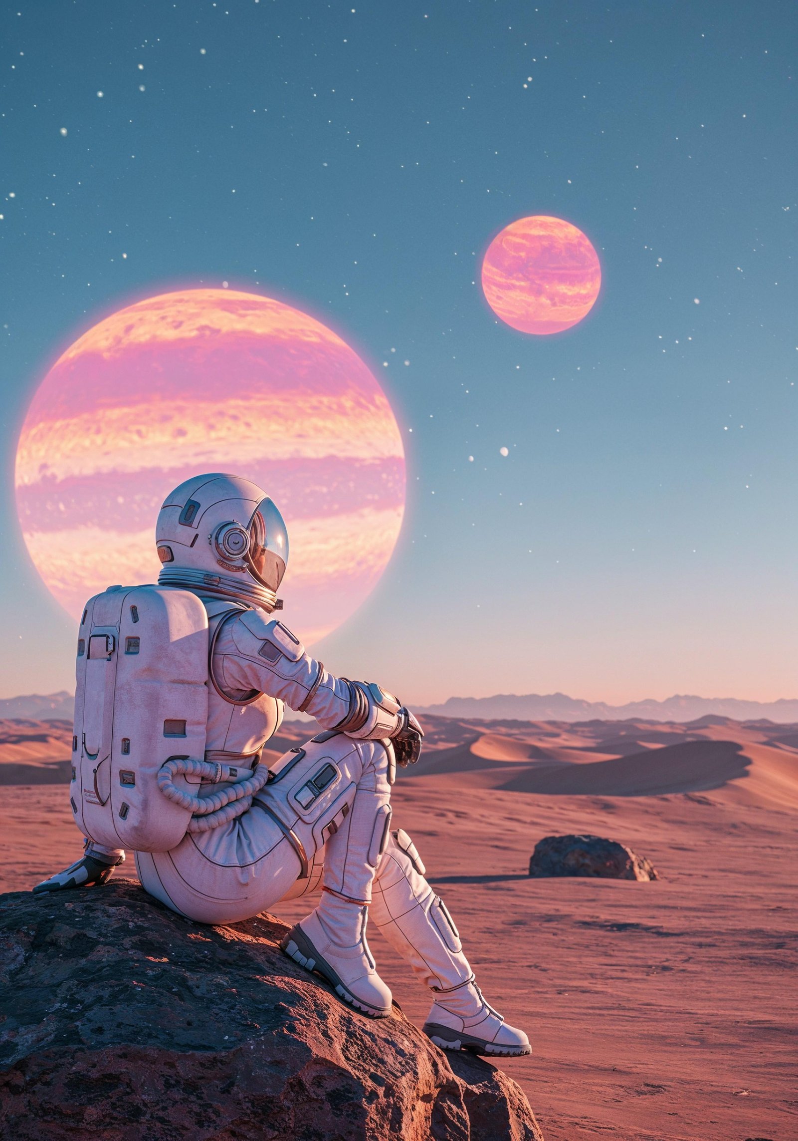 Young Female Astronaut in Spacesuit Standing on Alien Planet and Lunar Surface Landscape
