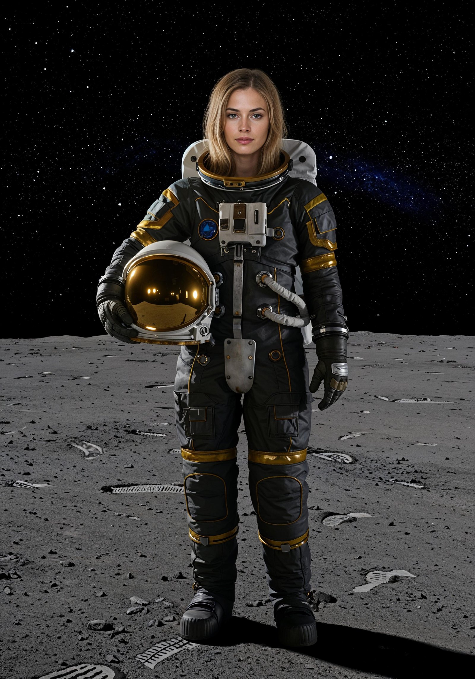Young Female Astronaut in Spacesuit Standing on Alien Planet and Lunar Surface Landscape