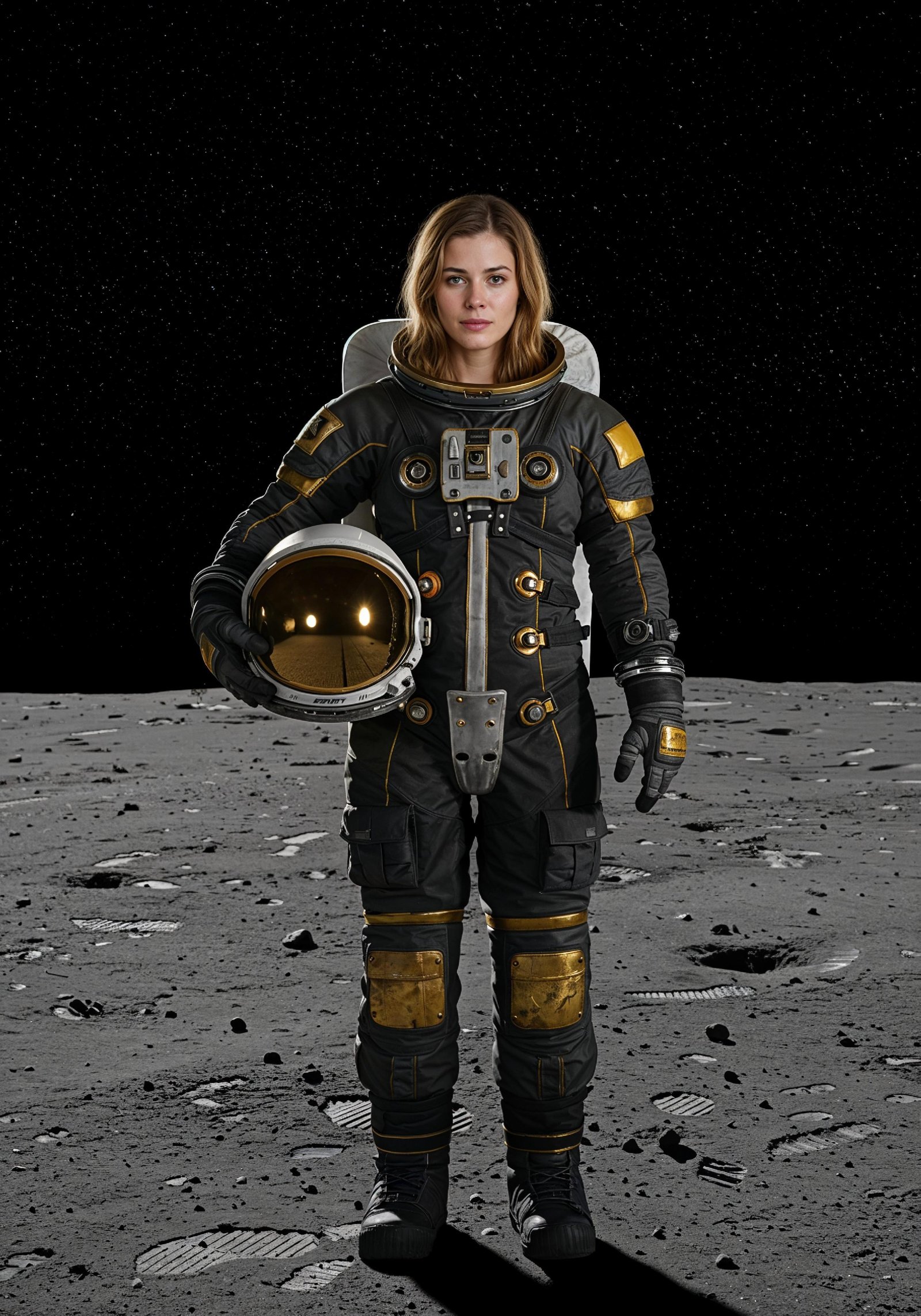 Young Female Astronaut in Spacesuit Standing on Alien Planet and Lunar Surface Landscape