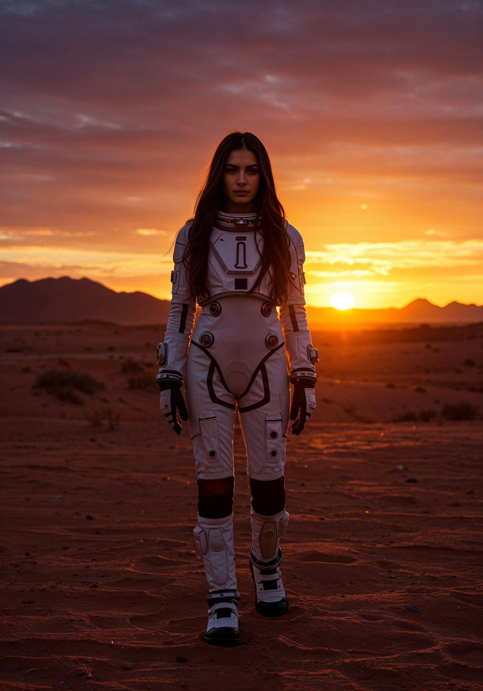 Young Female Astronaut in Spacesuit Standing on Alien Planet and Lunar Surface Landscape