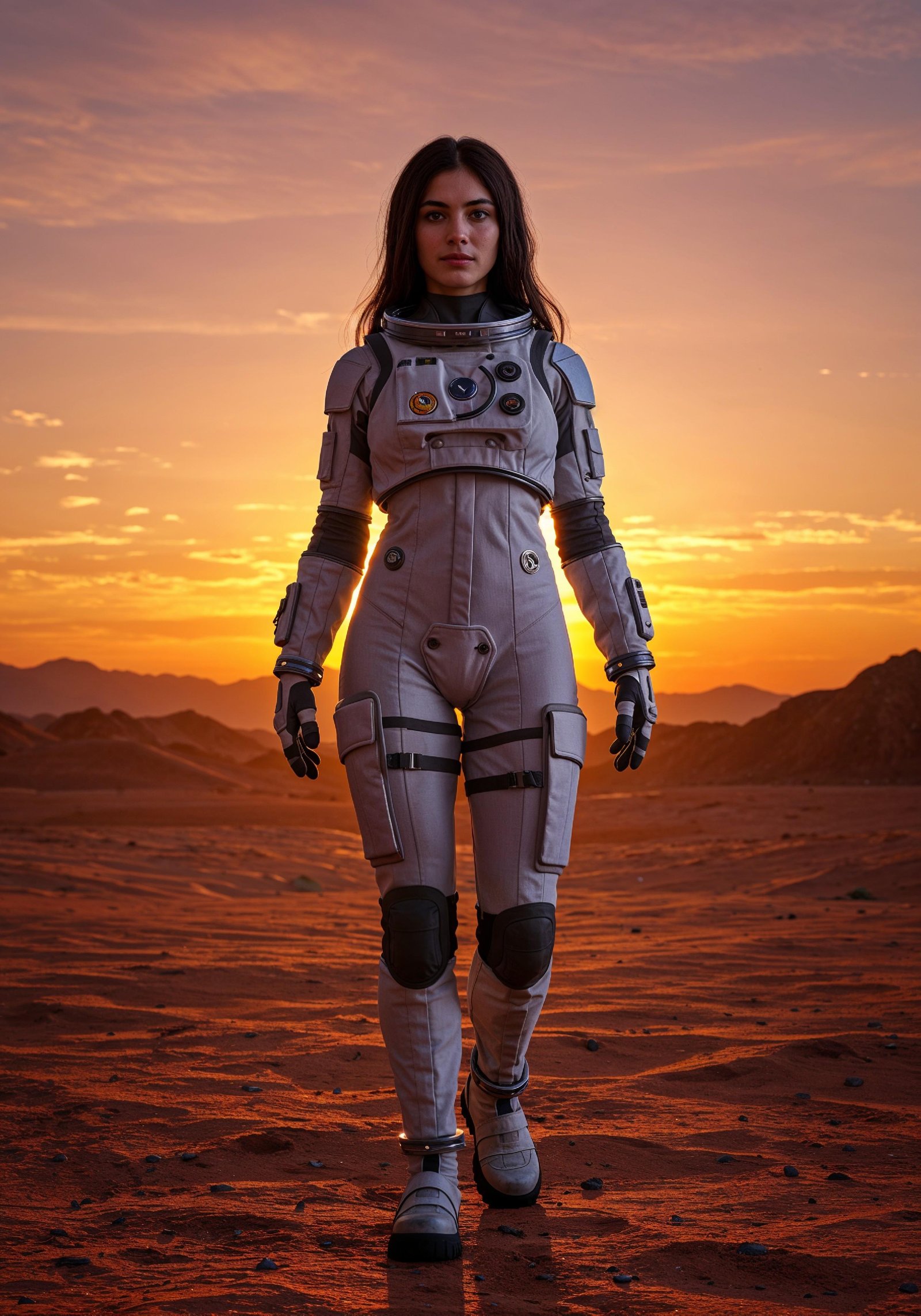 Young Female Astronaut in Spacesuit Standing on Alien Planet and Lunar Surface Landscape