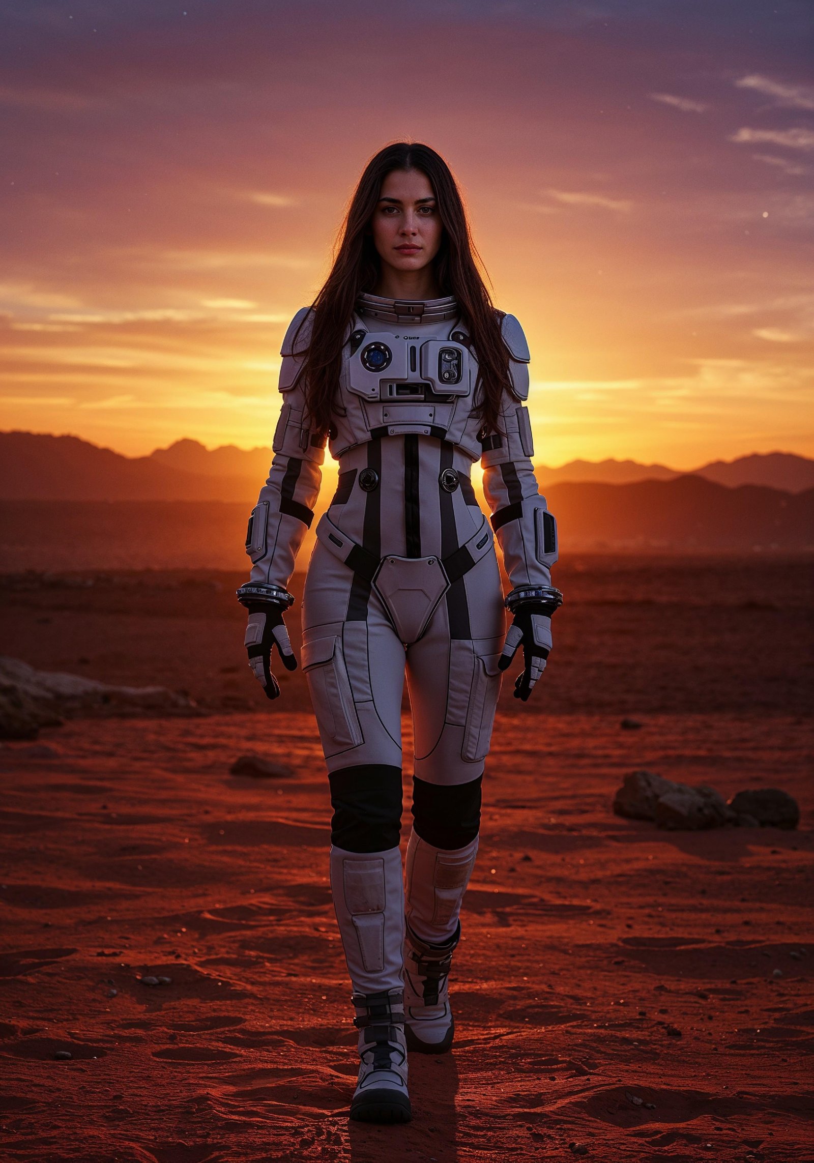 Young Female Astronaut in Spacesuit Standing on Alien Planet and Lunar Surface Landscape