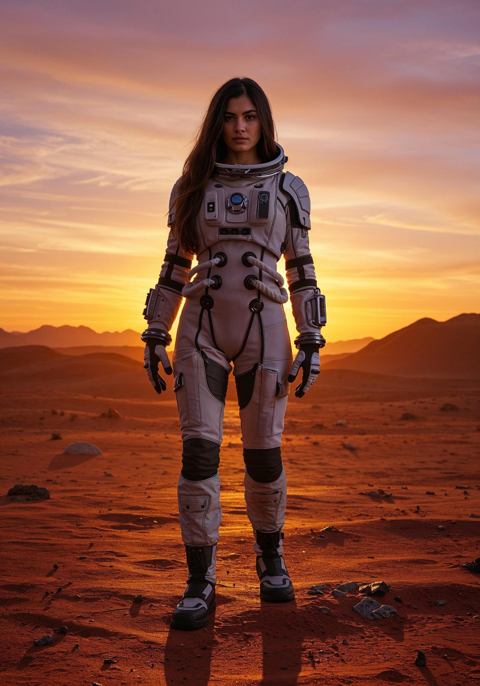 Young Female Astronaut in Spacesuit Standing on Alien Planet and Lunar Surface Landscape