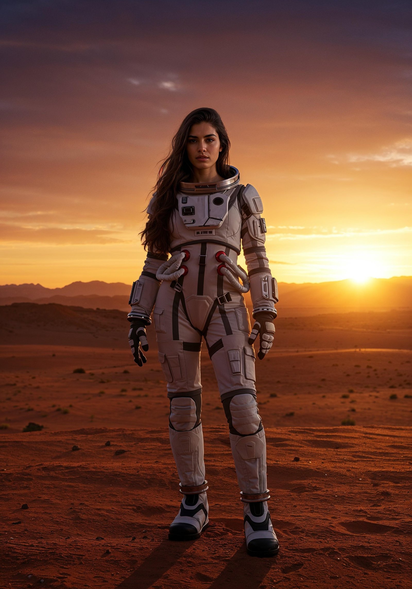 Young Female Astronaut in Spacesuit Standing on Alien Planet and Lunar Surface Landscape