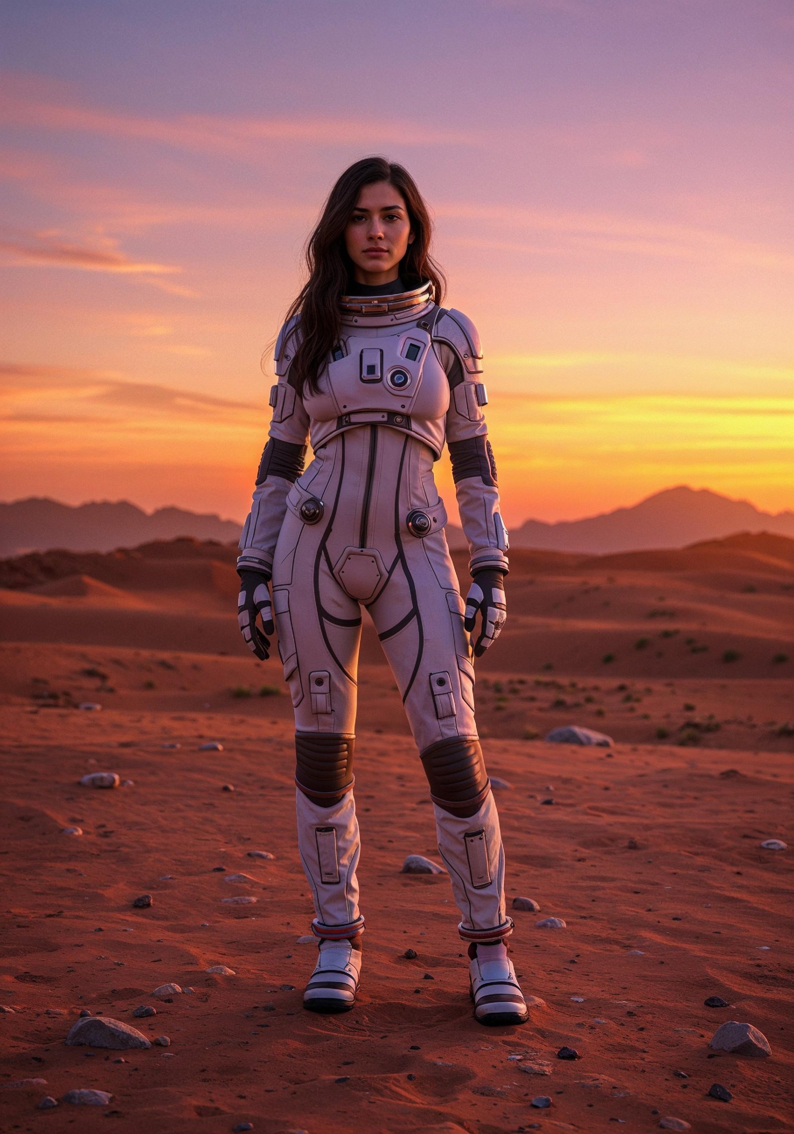 Young Female Astronaut in Spacesuit Standing on Alien Planet and Lunar Surface Landscape