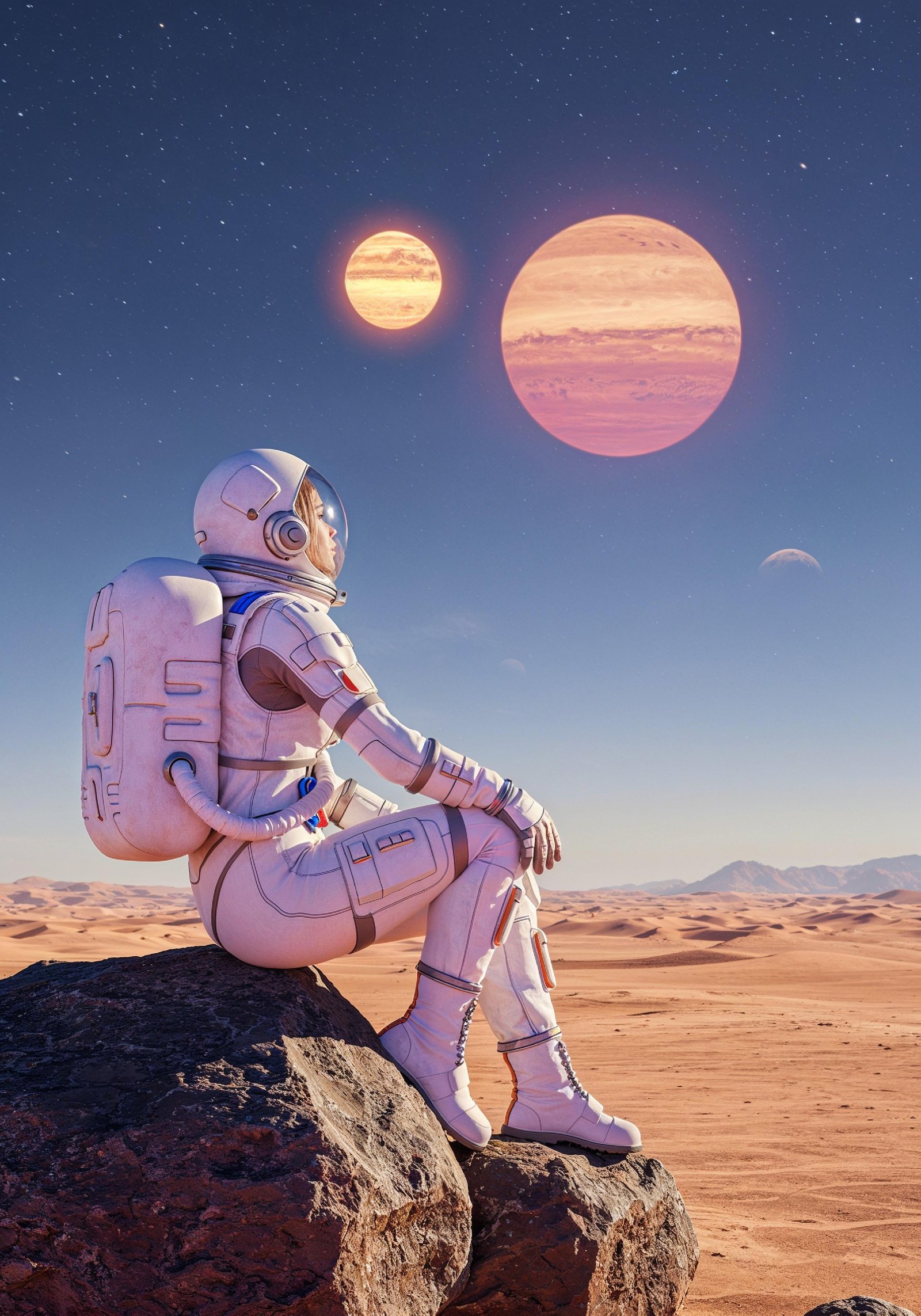 Young Female Astronaut in Spacesuit Standing on Alien Planet and Lunar Surface Landscape