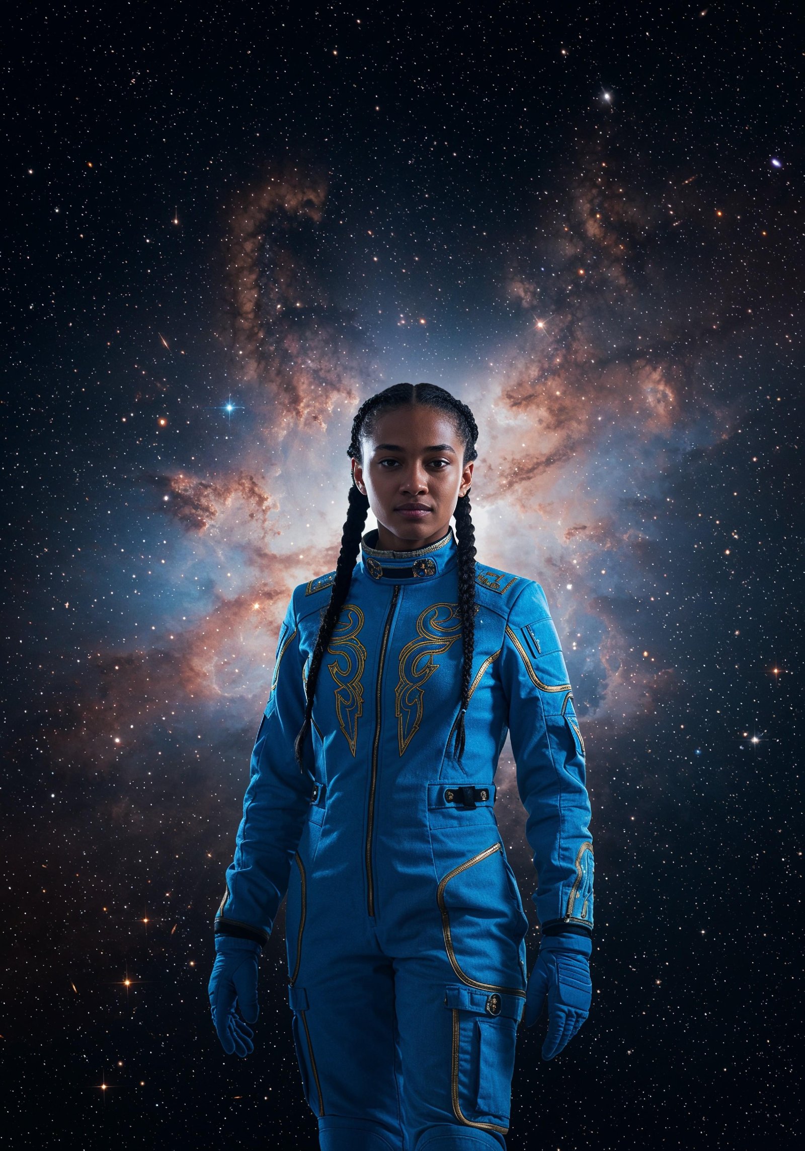 Young Female Astronaut in Spacesuit Standing on Alien Planet and Lunar Surface Landscape