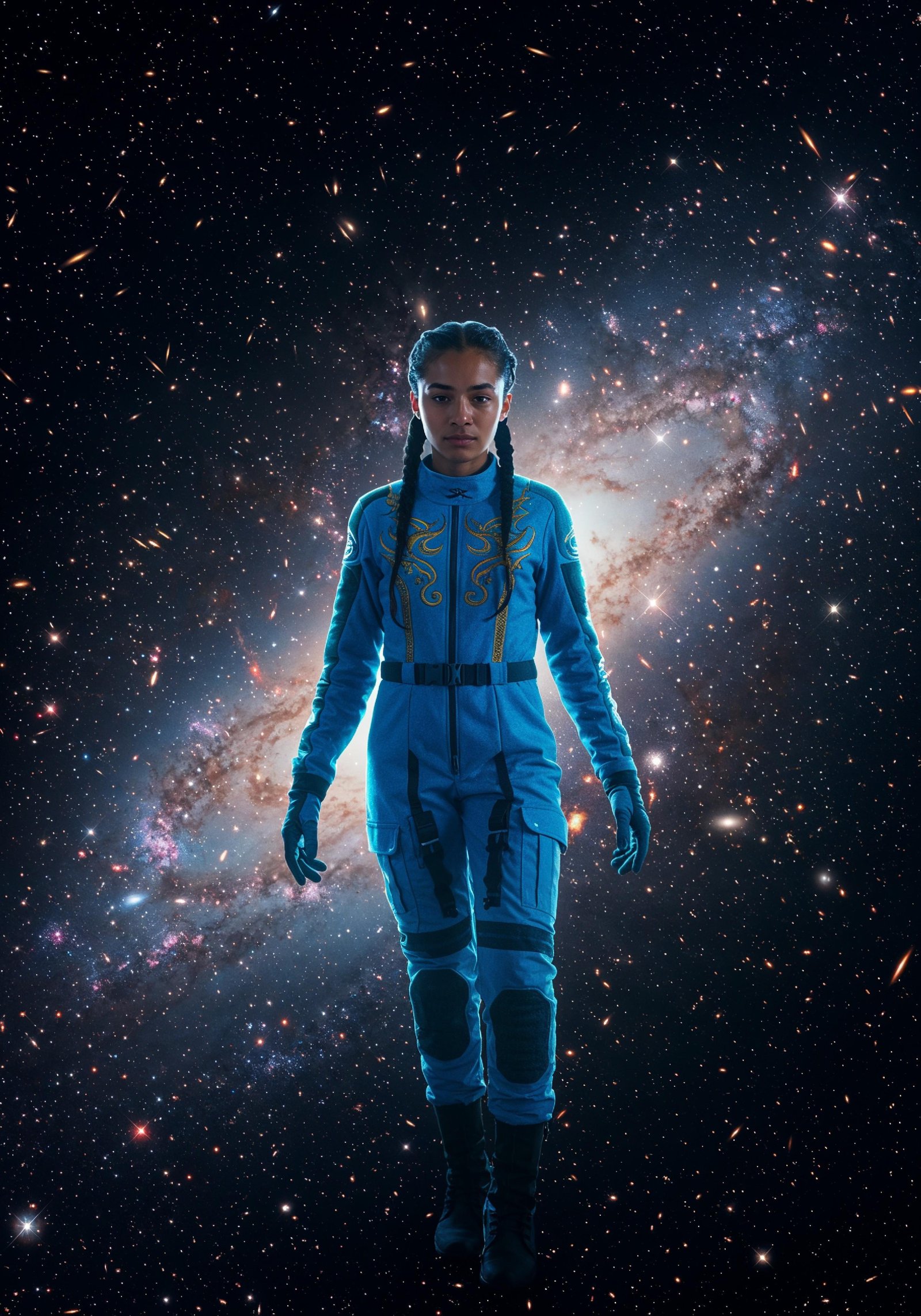 Young Female Astronaut in Spacesuit Standing on Alien Planet and Lunar Surface Landscape