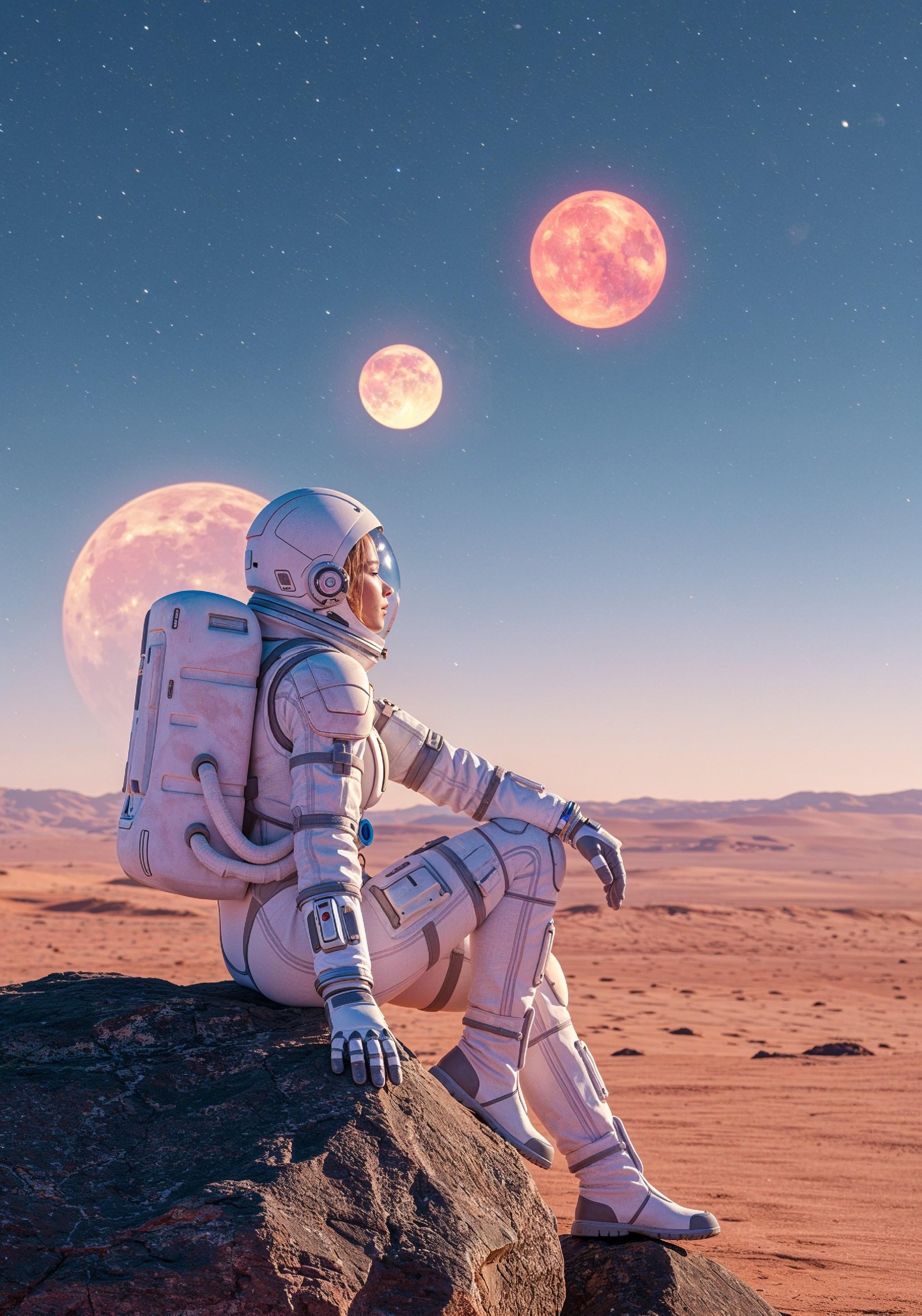 Young Female Astronaut in Spacesuit Standing on Alien Planet and Lunar Surface Landscape