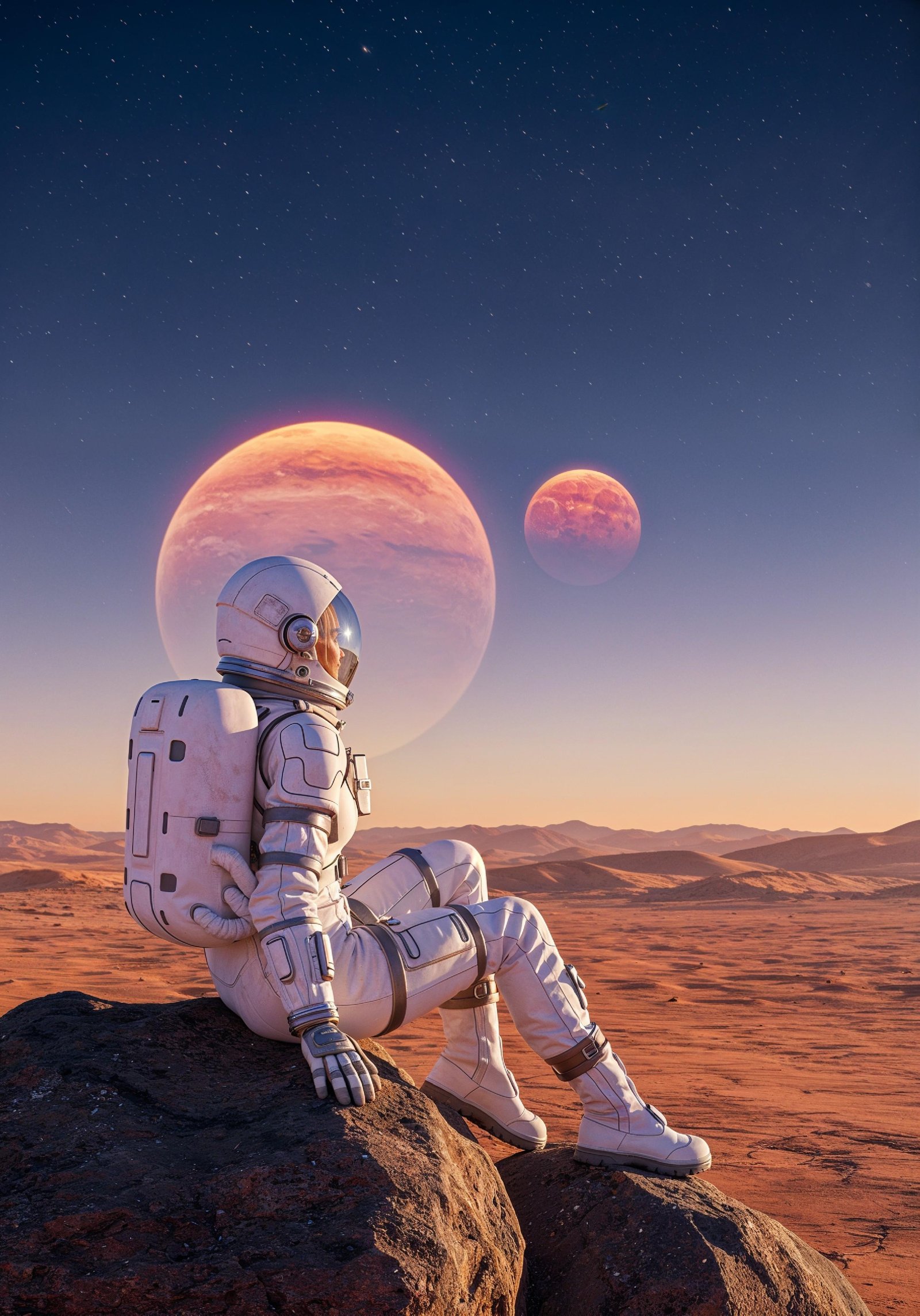 Young Female Astronaut in Spacesuit Standing on Alien Planet and Lunar Surface Landscape