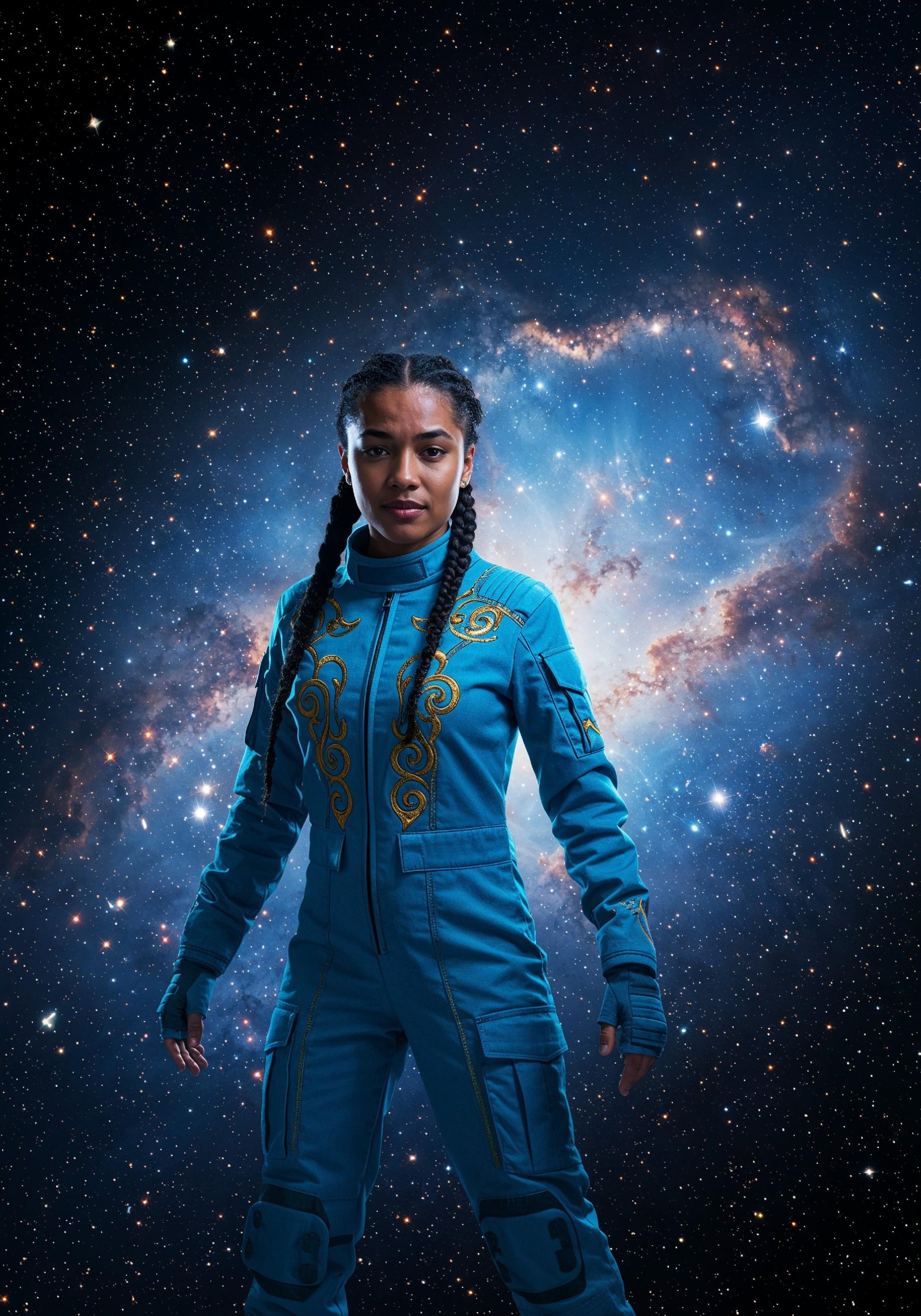 Young Female Astronaut in Spacesuit Standing on Alien Planet and Lunar Surface Landscape