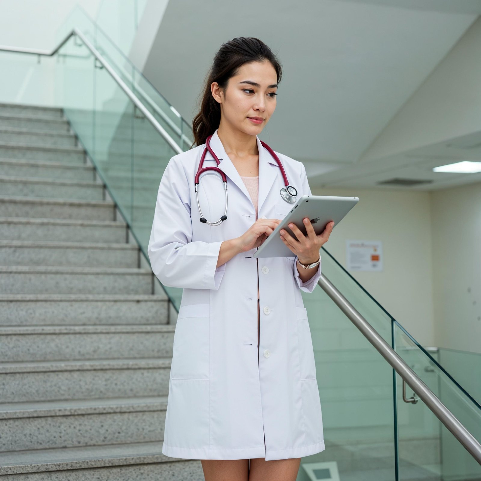 Young Female Doctor in Modern Hospital Wearing Medical Scrubs and Lab Coat Portrait