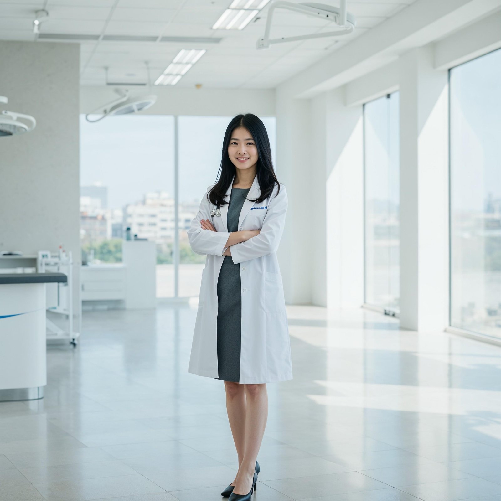Young Female Doctor in Modern Hospital Wearing Medical Scrubs and Lab Coat Portrait