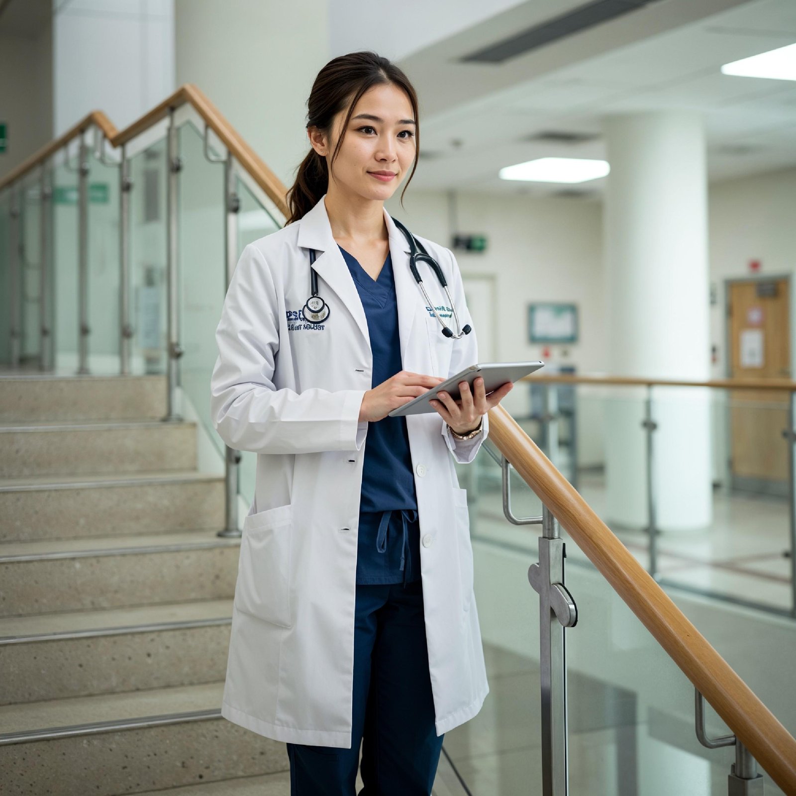 Young Female Doctor in Modern Hospital Wearing Medical Scrubs and Lab Coat Portrait