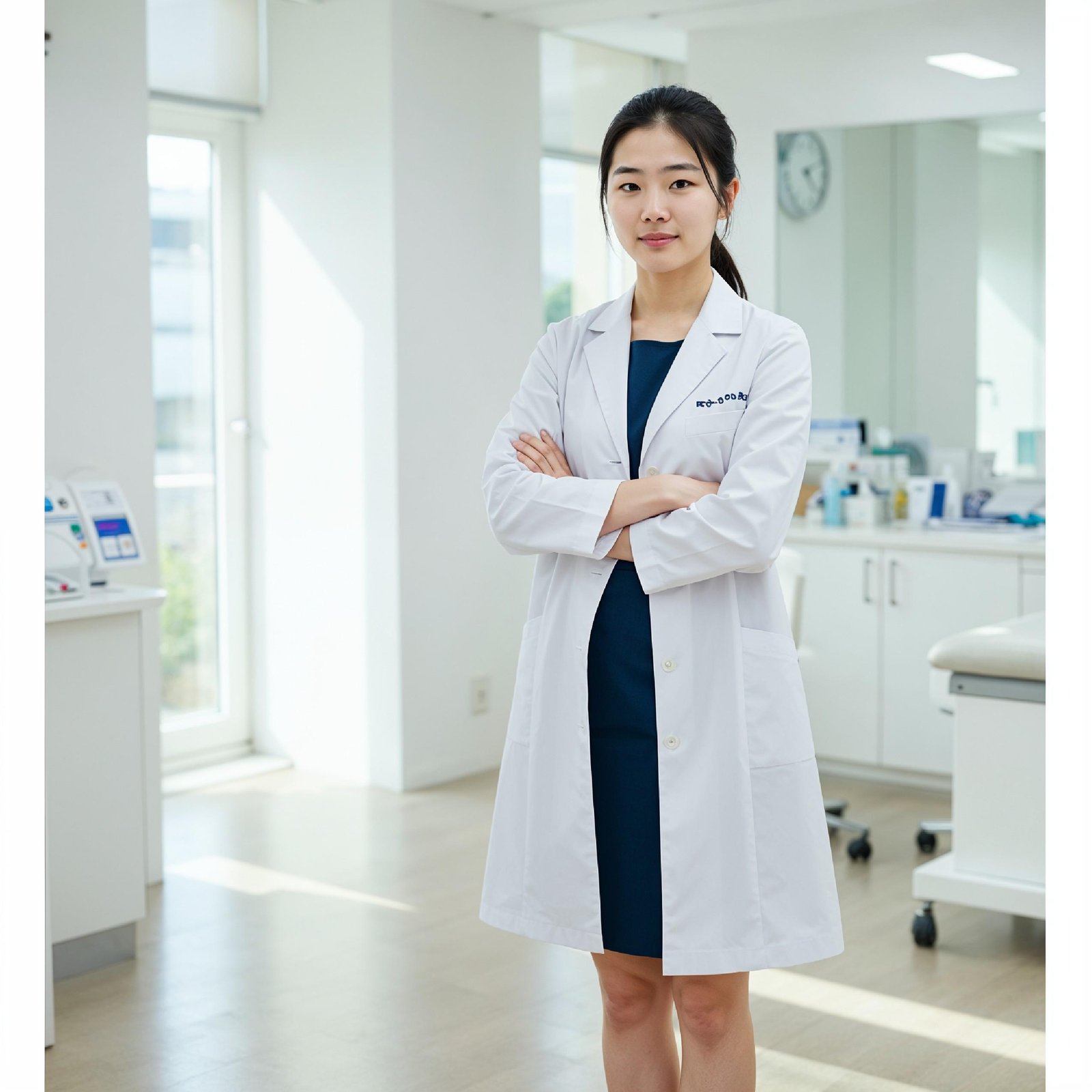 Young Female Doctor in Modern Hospital Wearing Medical Scrubs and Lab Coat Portrait