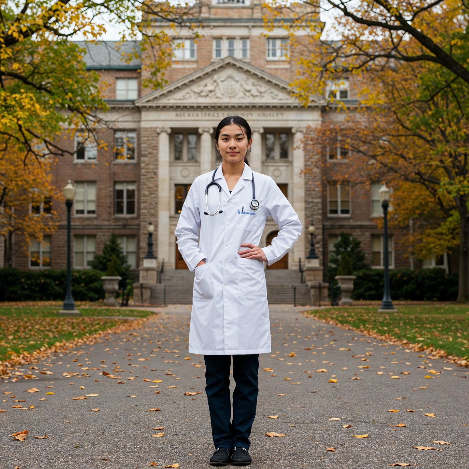 Young Female Doctor in Modern Hospital Wearing Medical Scrubs and Lab Coat Portrait