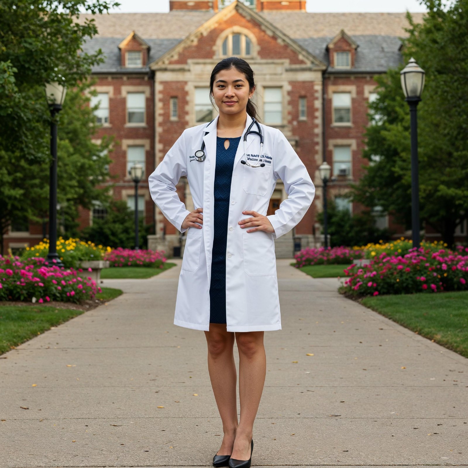 Young Female Doctor in Modern Hospital Wearing Medical Scrubs and Lab Coat Portrait
