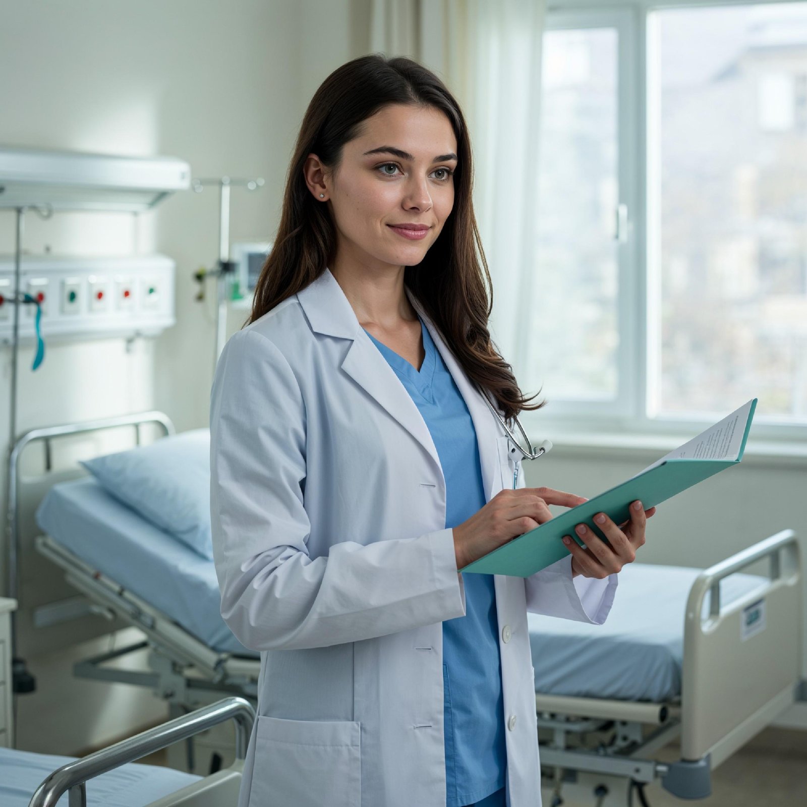 Young Female Doctor in Modern Hospital Wearing Medical Scrubs and Lab Coat Portrait