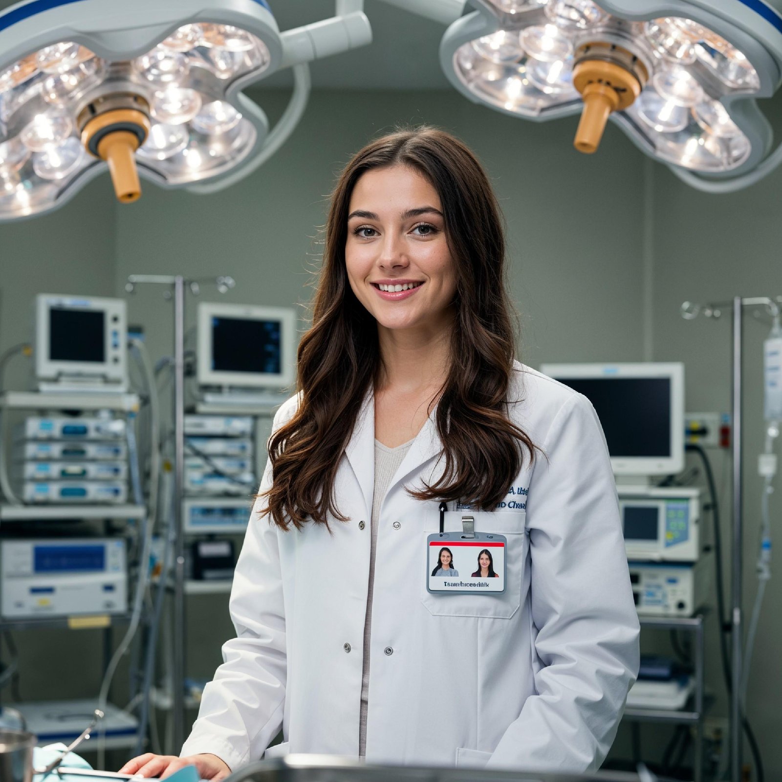 Young Female Doctor in Modern Hospital Wearing Medical Scrubs and Lab Coat Portrait
