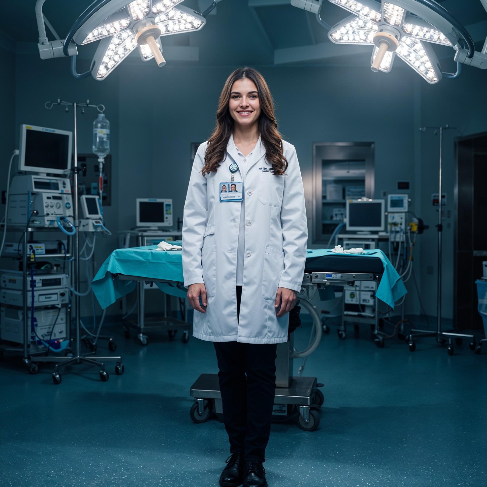 Young Female Doctor in Modern Hospital Wearing Medical Scrubs and Lab Coat Portrait