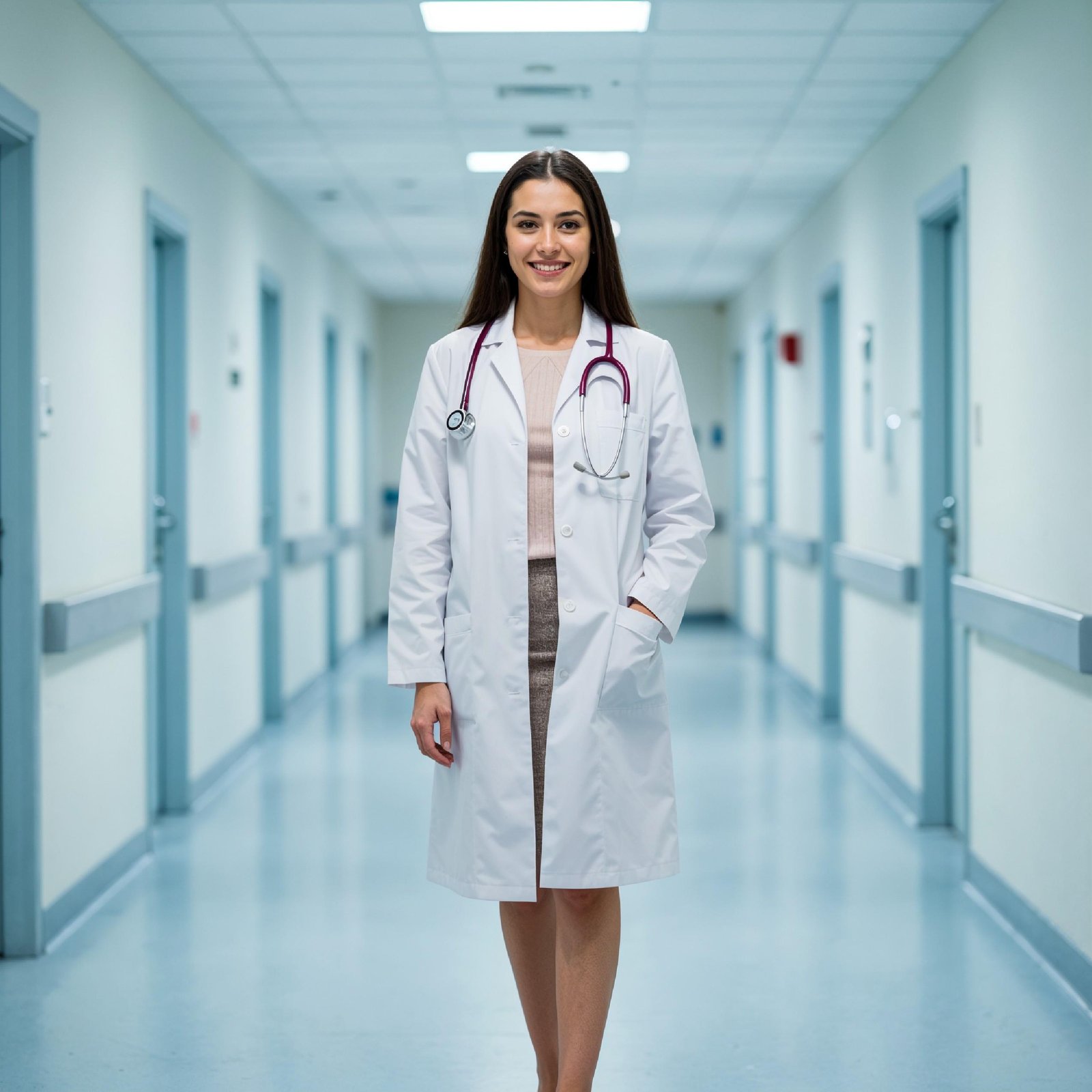 Young Female Doctor in Modern Hospital Wearing Medical Scrubs and Lab Coat Portrait