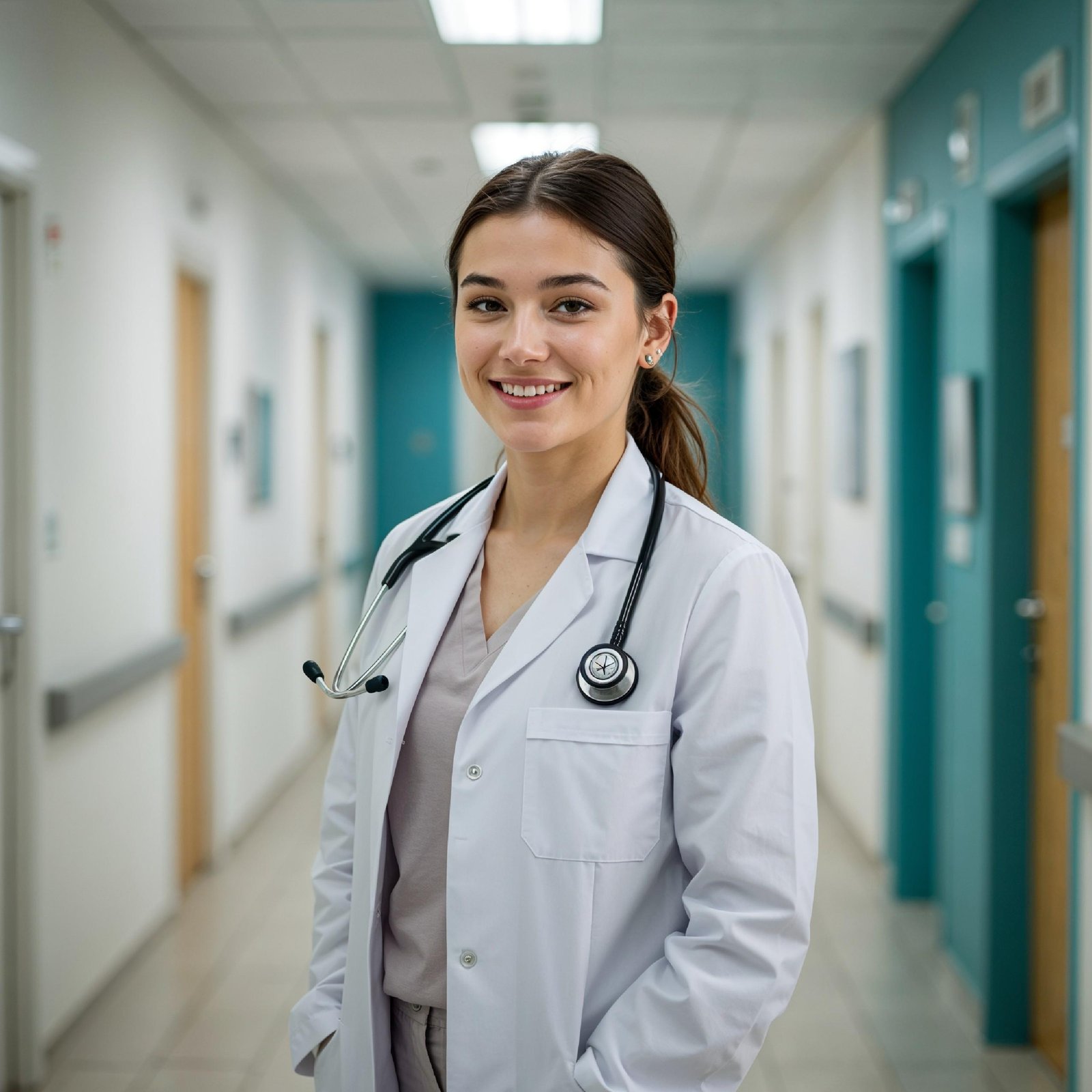 Young Female Doctor in Modern Hospital Wearing Medical Scrubs and Lab Coat Portrait