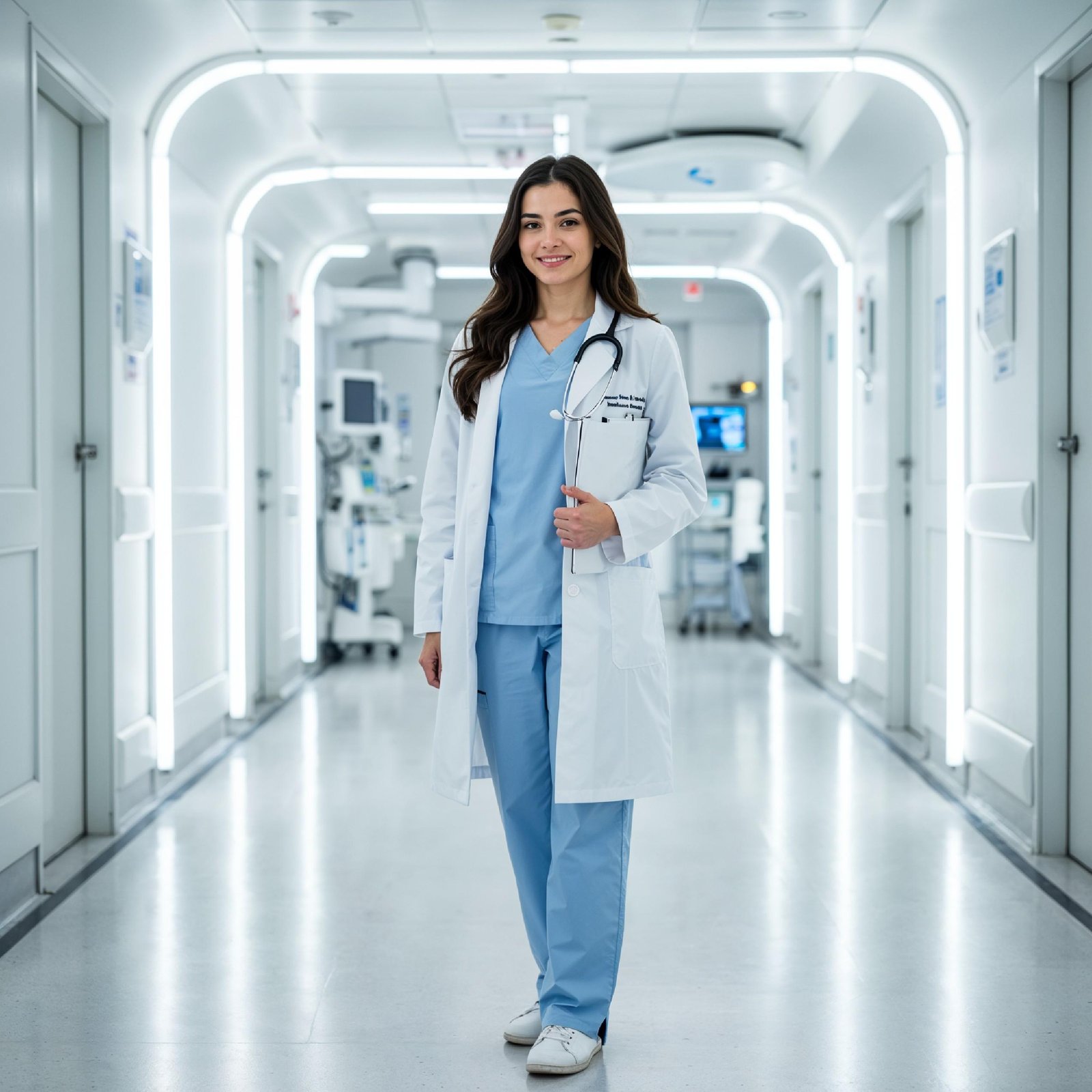 Young Female Doctor in Modern Hospital Wearing Medical Scrubs and Lab Coat Portrait