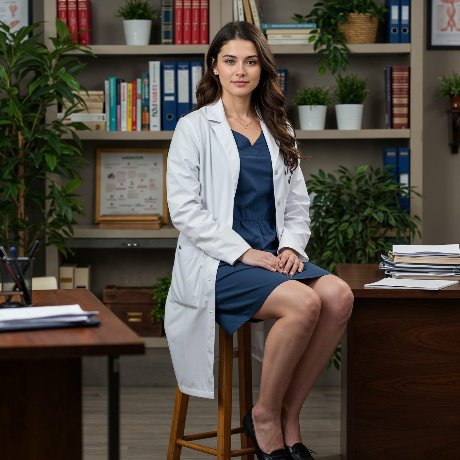 Young Female Doctor in Modern Hospital Wearing Medical Scrubs and Lab Coat Portrait