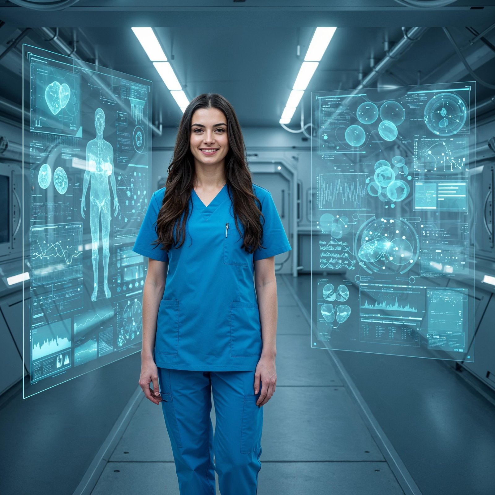 Young Female Doctor in Modern Hospital Wearing Medical Scrubs and Lab Coat Portrait