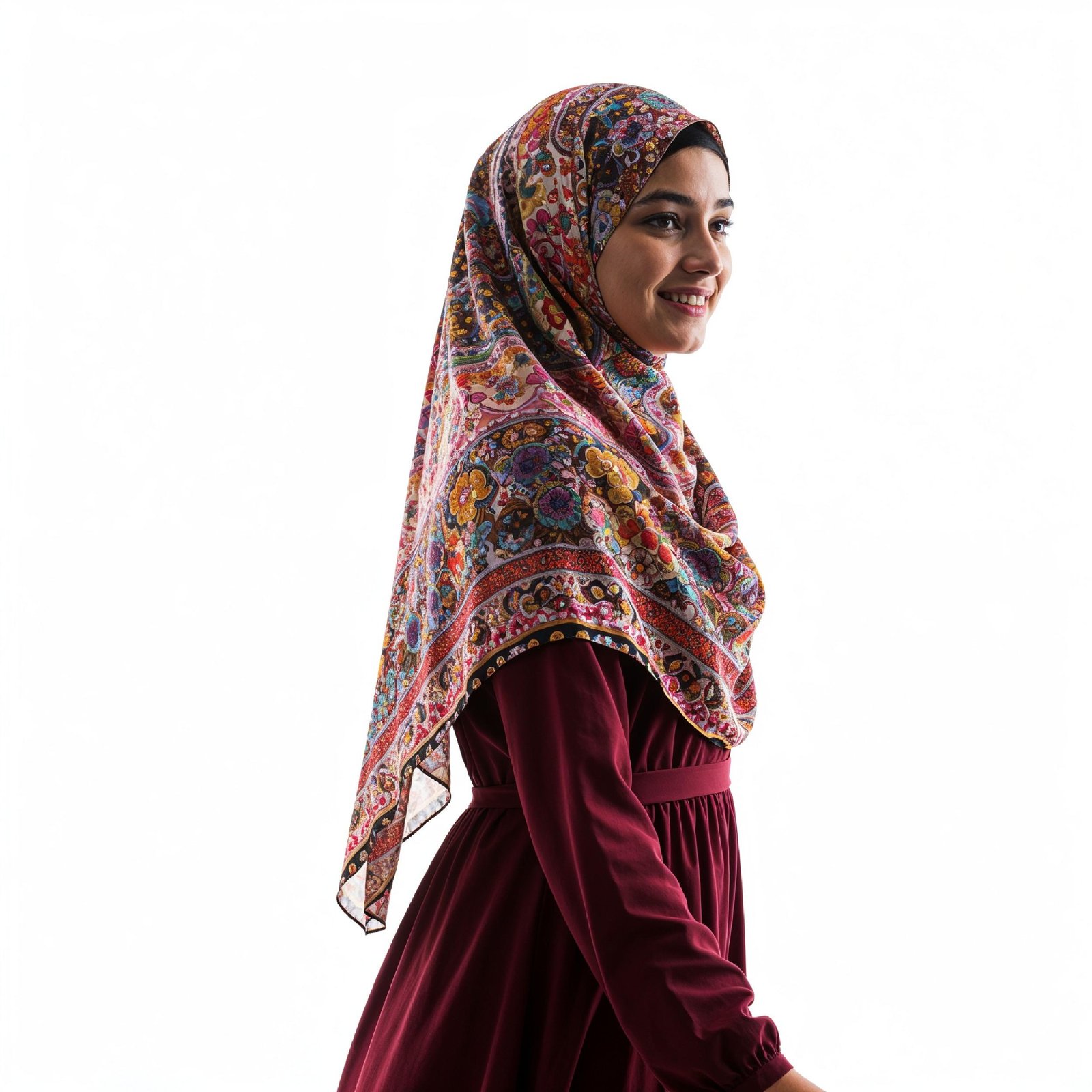 Young Islamic Girl Wearing Colorful Patterned Hijab and Elegant Modest Dress in Studio Portrait