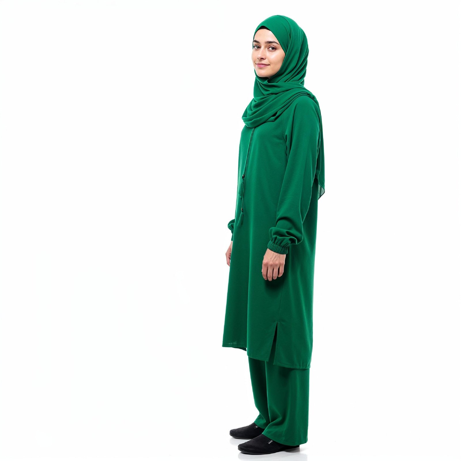 Young Islamic Girl Wearing Green Hijab and Modest Traditional Outfit Studio Portrait