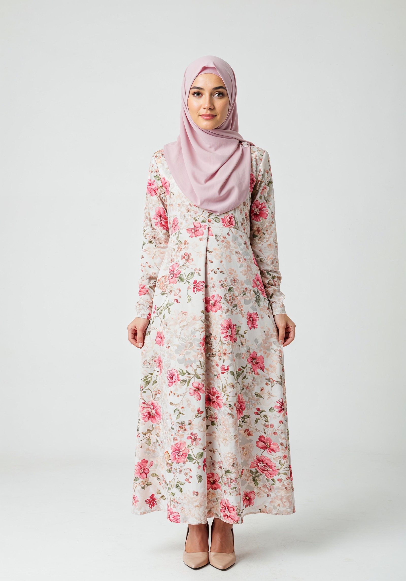 Young Muslim Woman in Floral Dress and Pink Hijab Full Length Modest Fashion Portrait