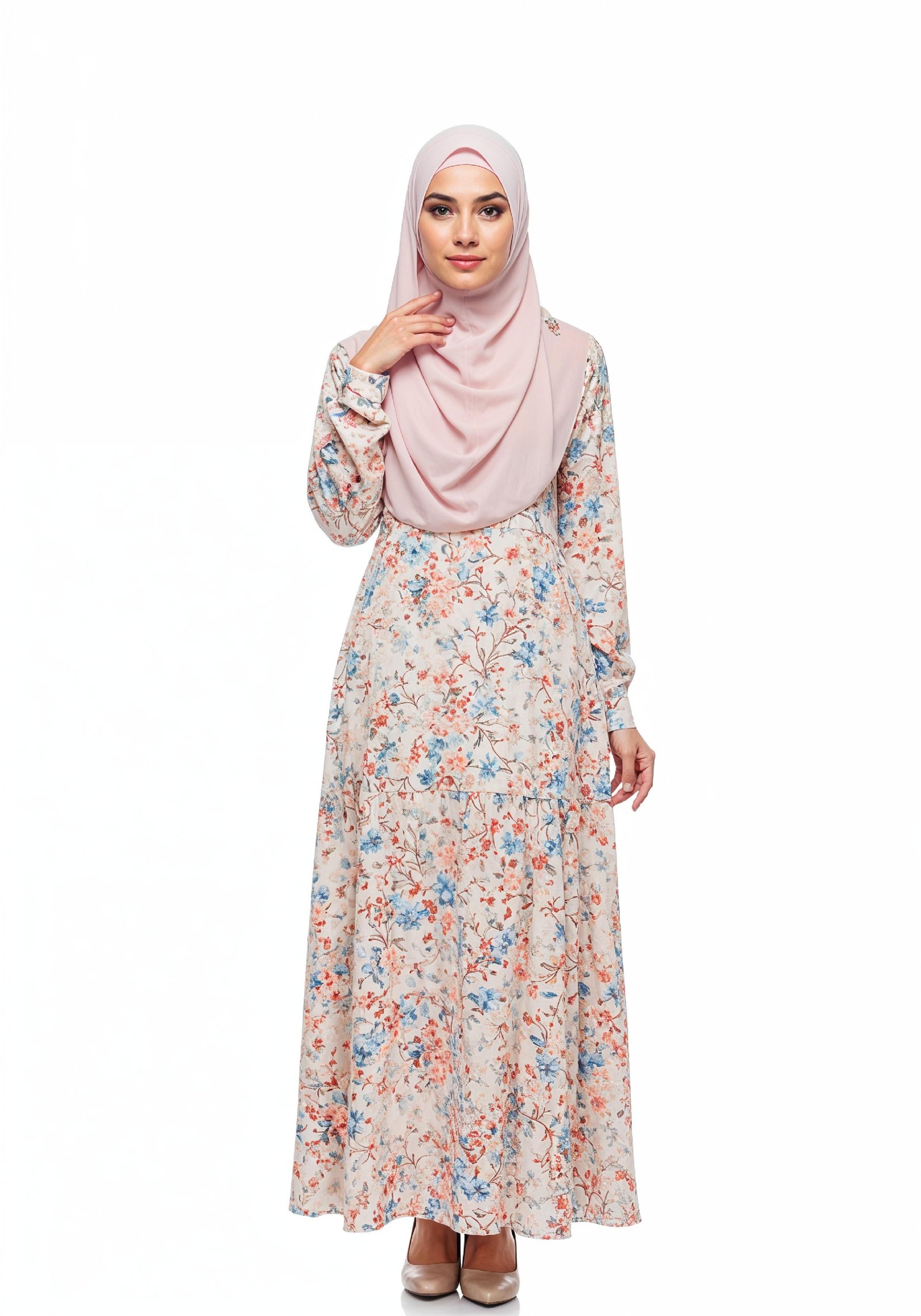 Young Muslim Woman in Floral Dress and Pink Hijab Full Length Modest Fashion Portrait