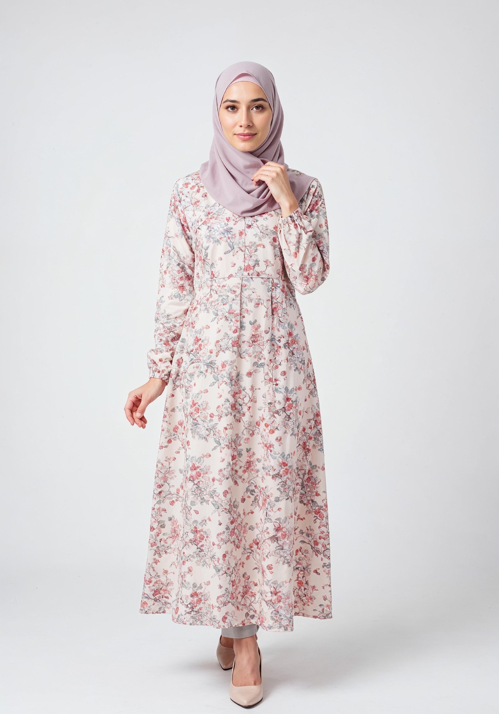 Young Muslim Woman in Floral Dress and Pink Hijab Full Length Modest Fashion Portrait