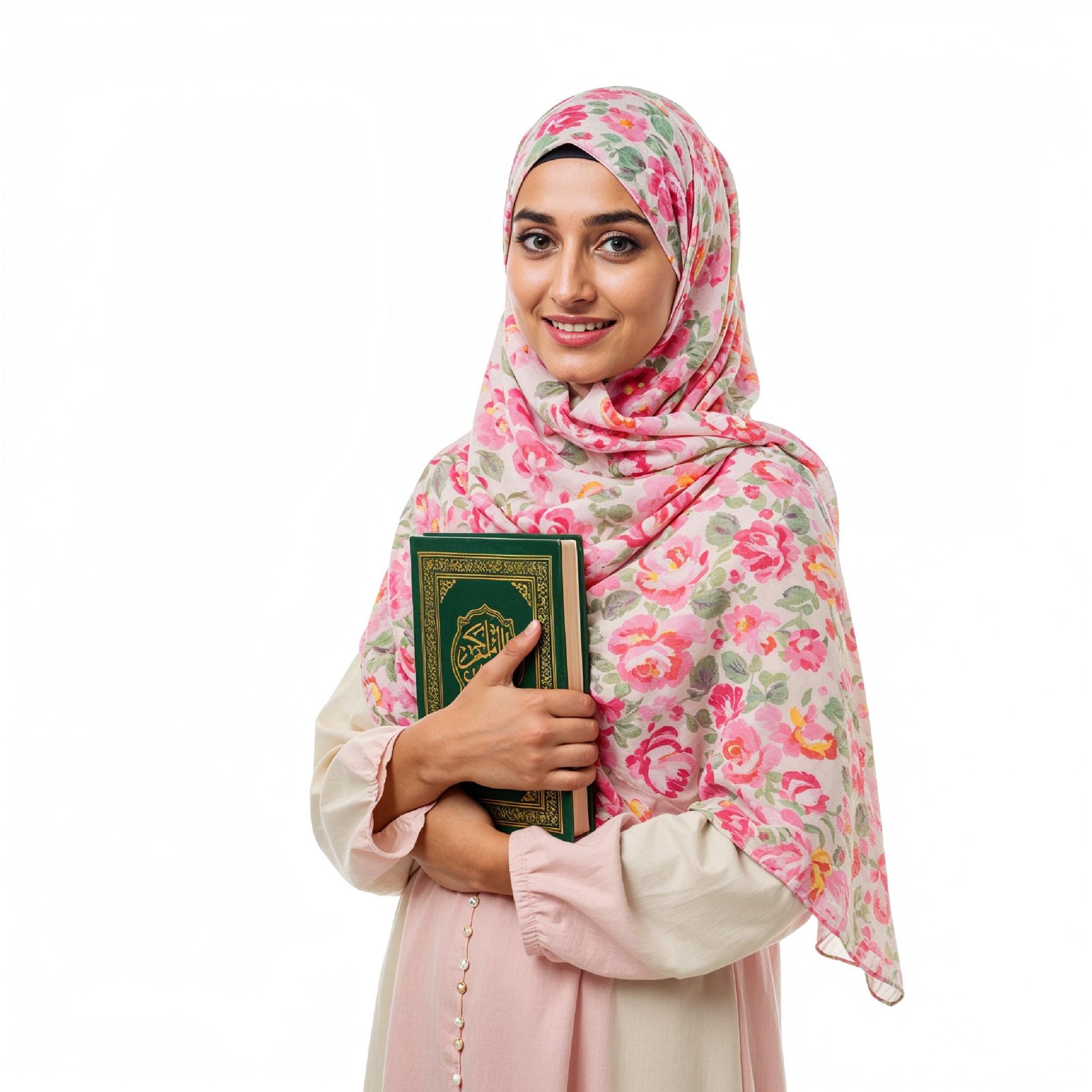Young Muslim Woman Reading Holy Quran Wearing Colorful Floral Hijab in Studio Portrait