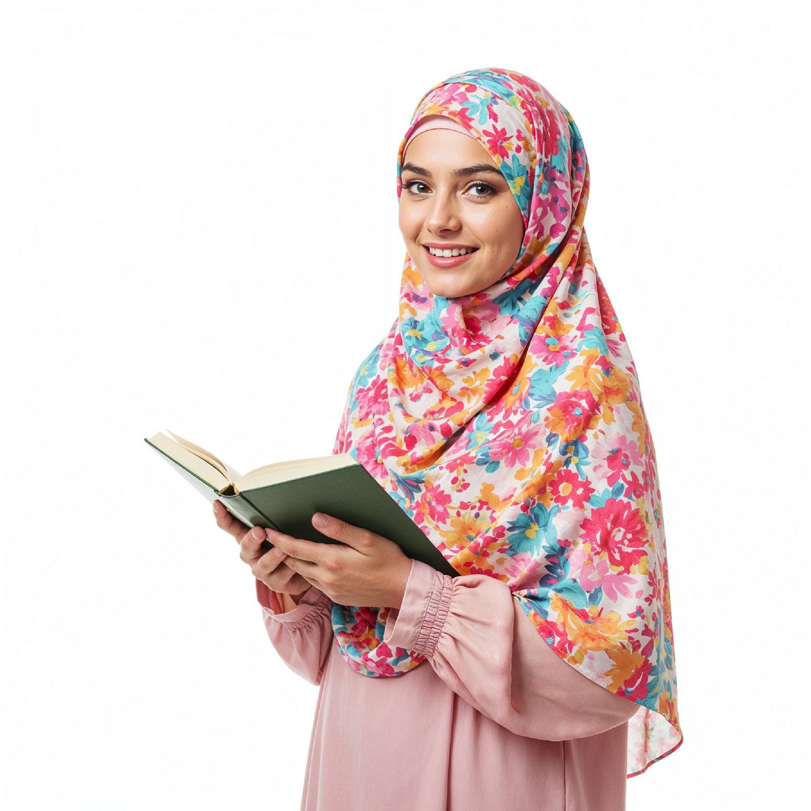 Young Muslim Woman Reading Holy Quran Wearing Colorful Floral Hijab in Studio Portrait