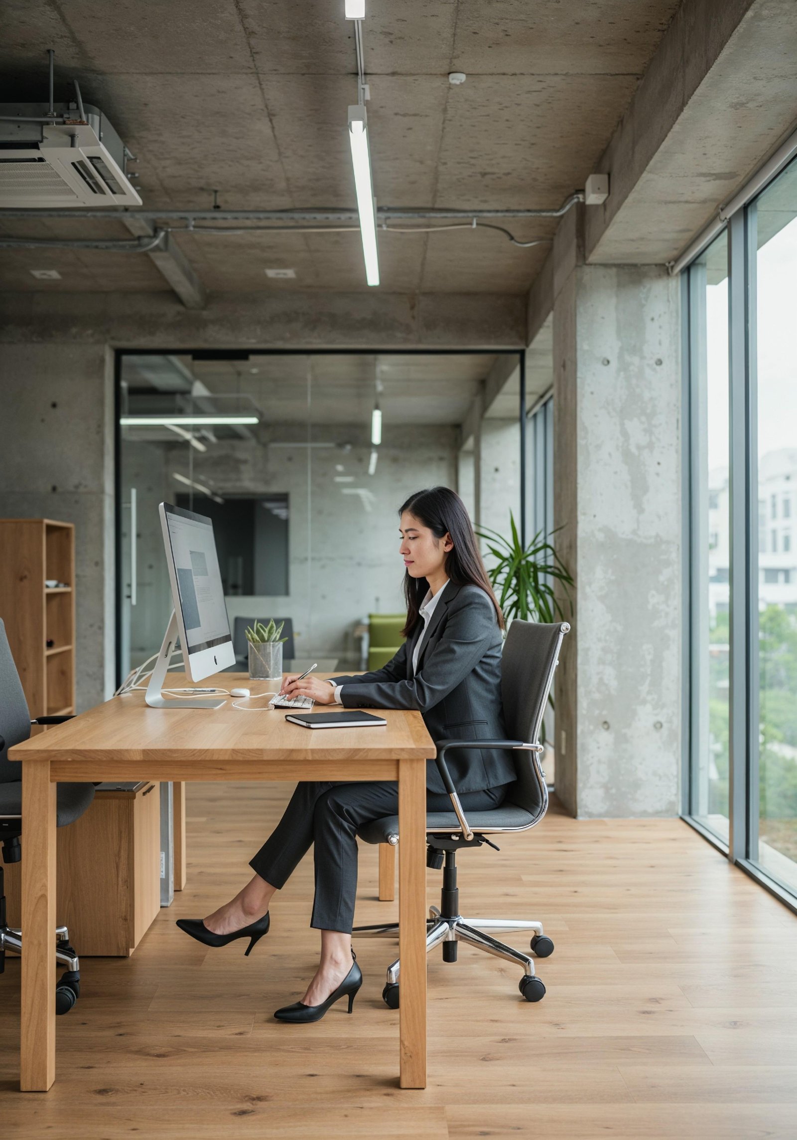 Young Professional Woman Working on Laptop in Modern Office Workspace