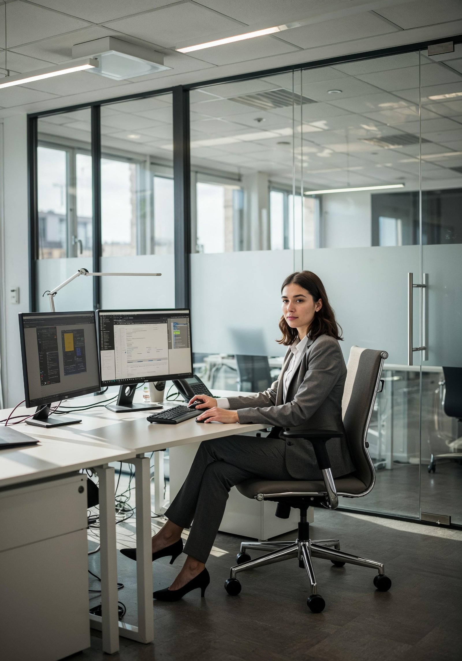 Young Professional Woman Working on Laptop in Modern Office Workspace
