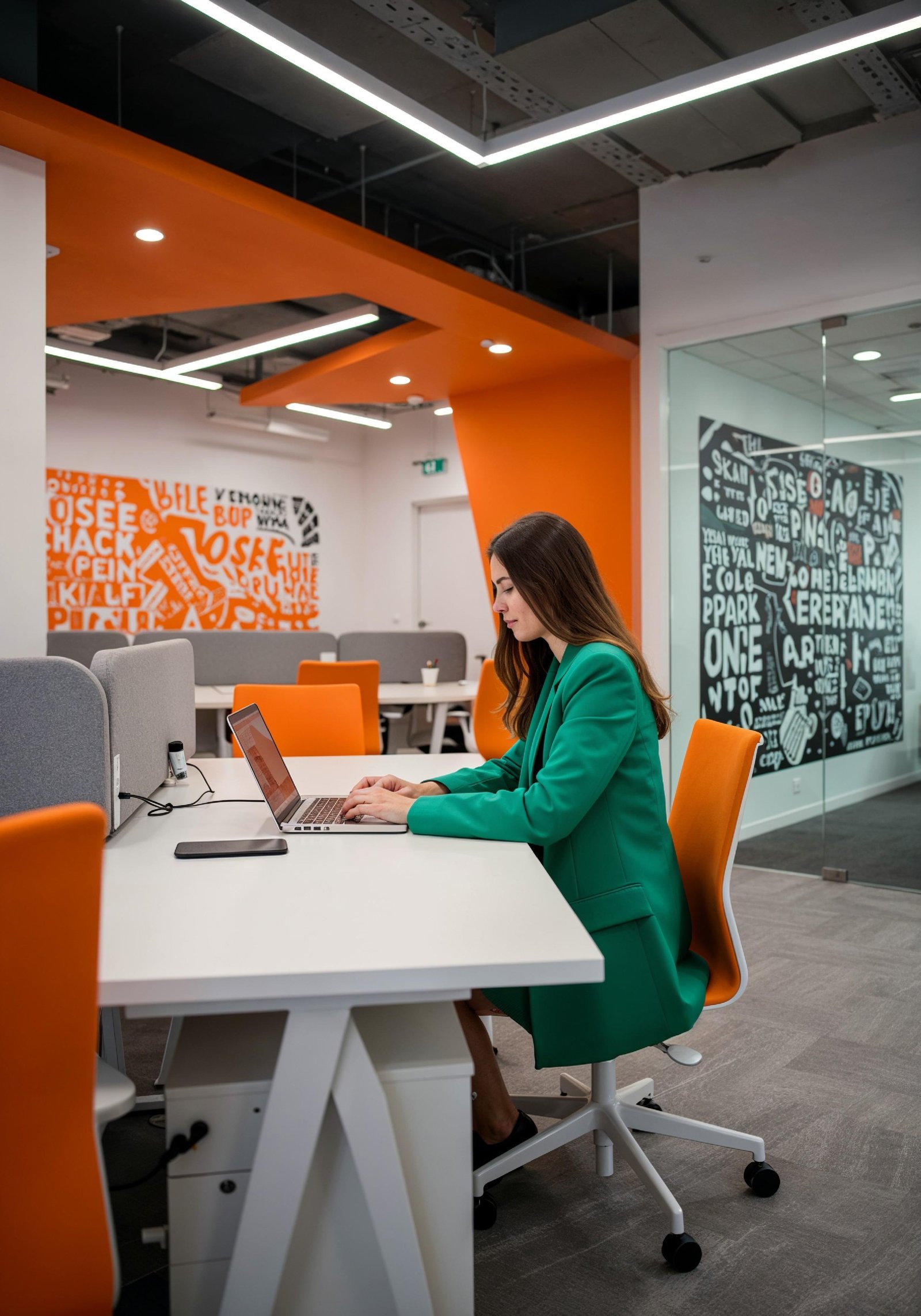 Young Professional Woman Working on Laptop in Modern Office Workspace