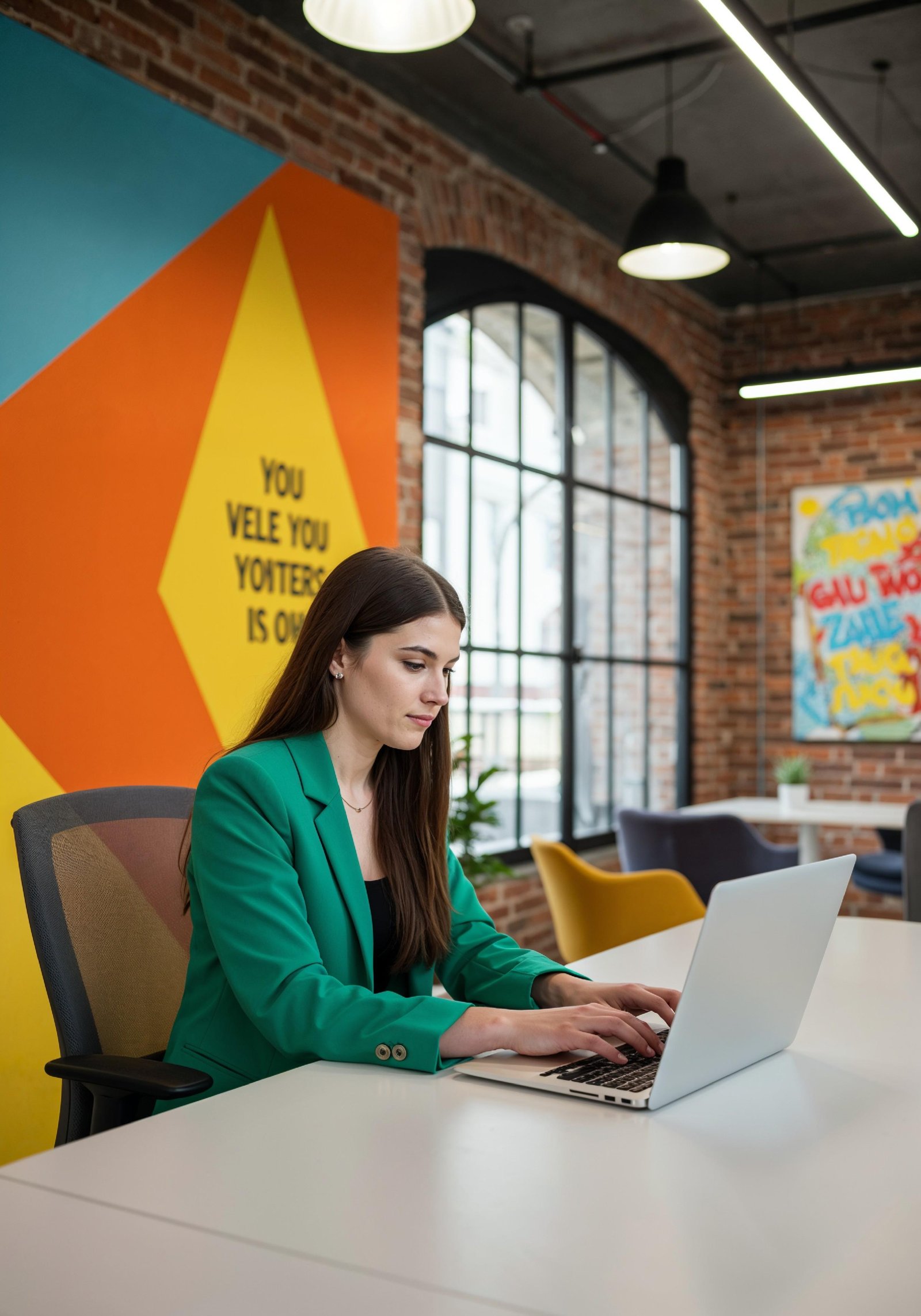 Young Professional Woman Working on Laptop in Modern Office Workspace