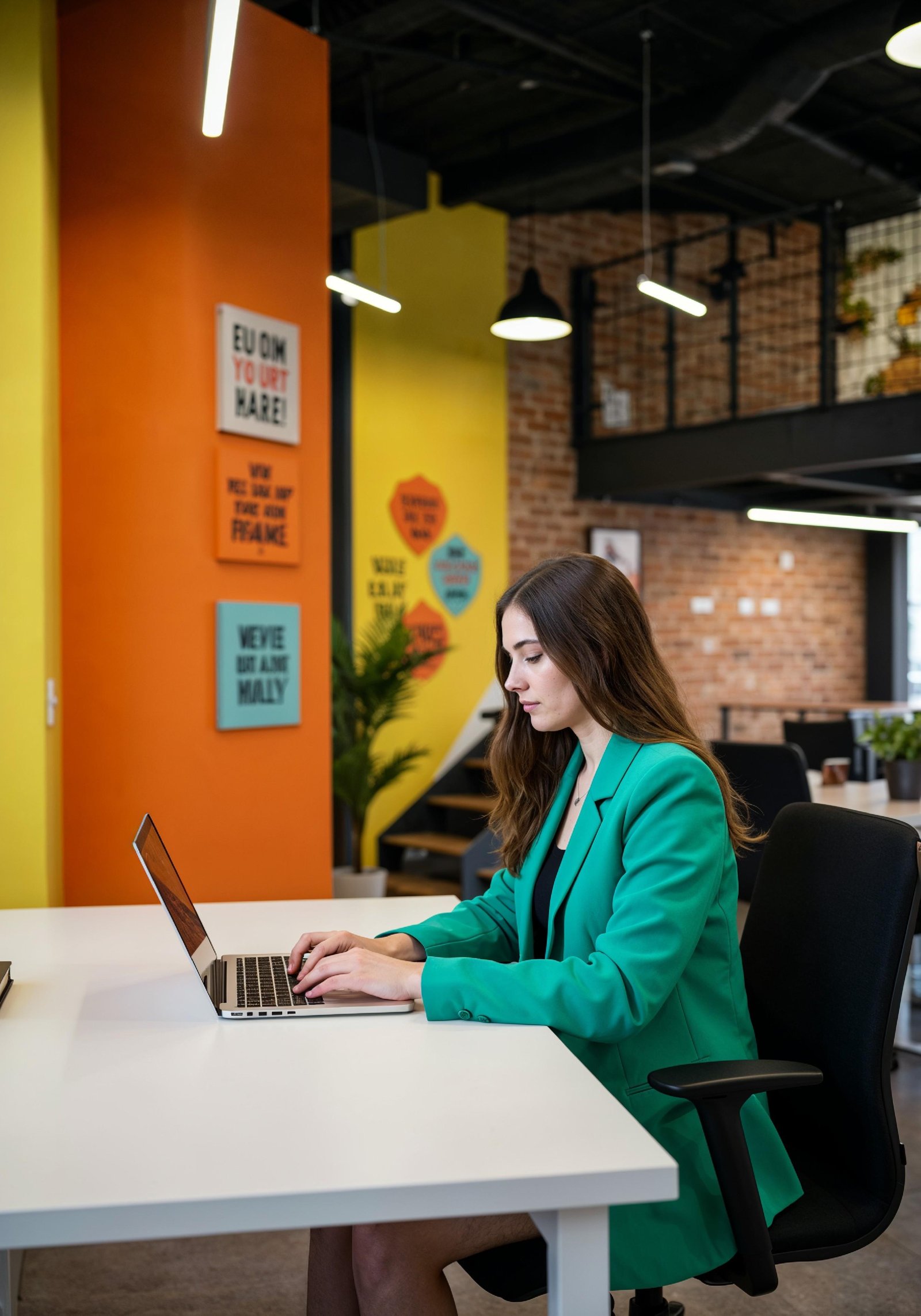 Young Professional Woman Working on Laptop in Modern Office Workspace