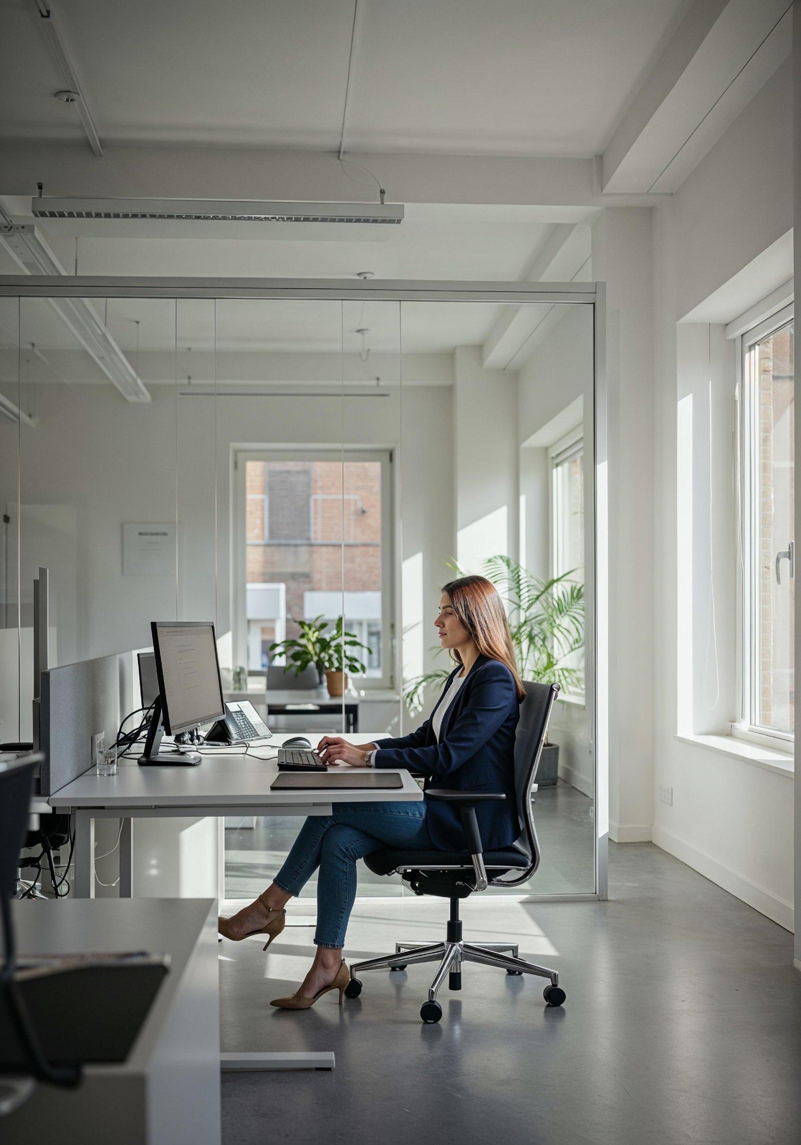 Young Professional Woman Working on Laptop in Modern Office Workspace
