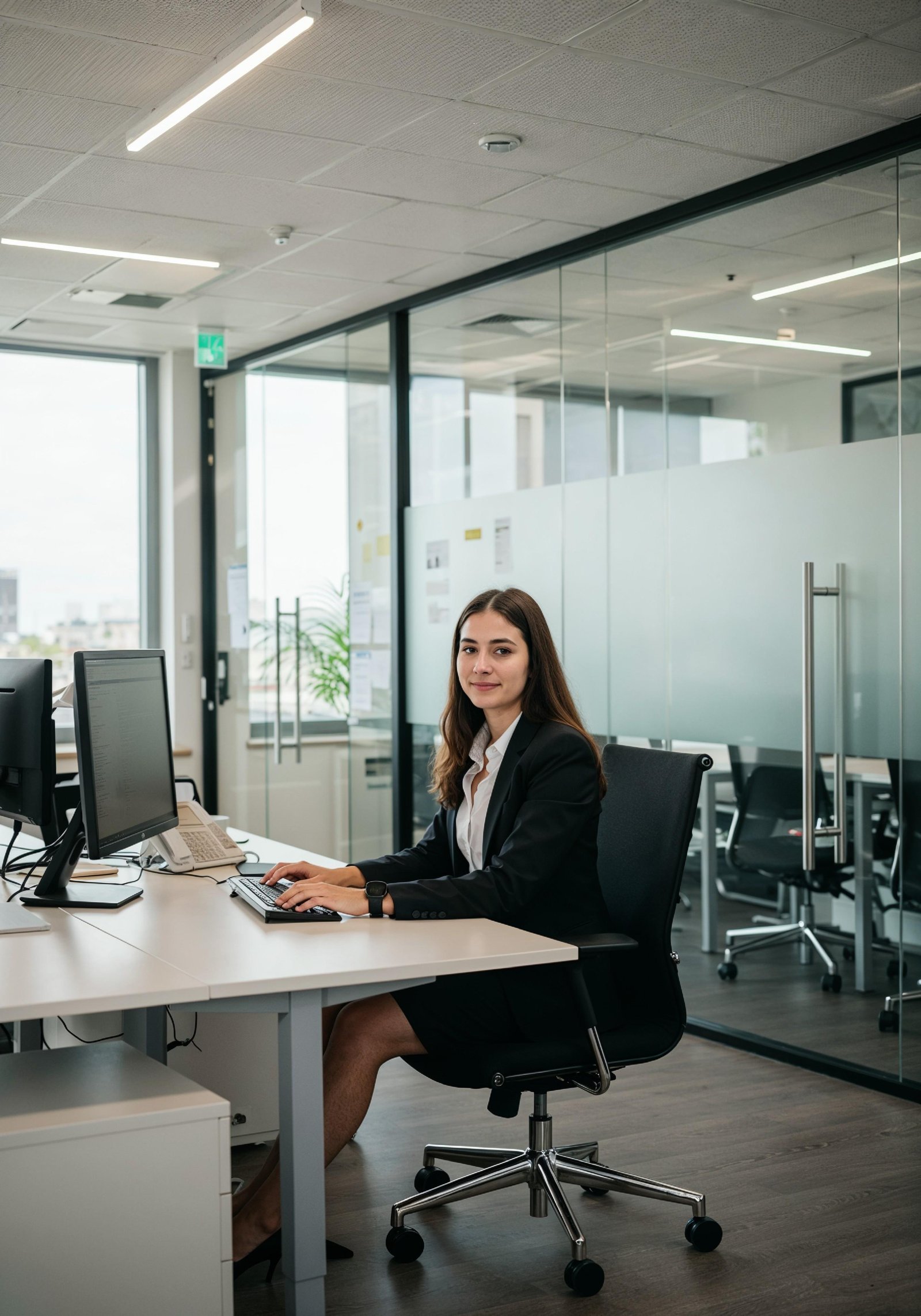 Young Professional Woman Working on Laptop in Modern Office Workspace