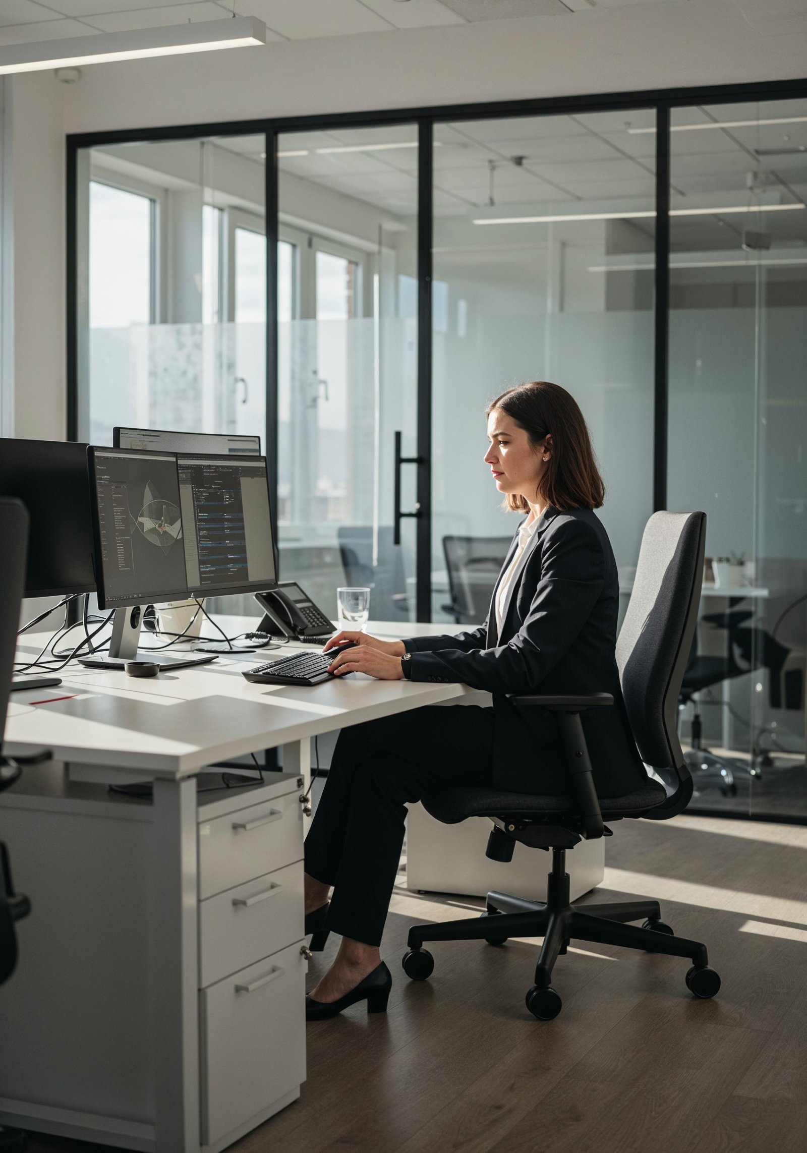 Young Professional Woman Working on Laptop in Modern Office Workspace