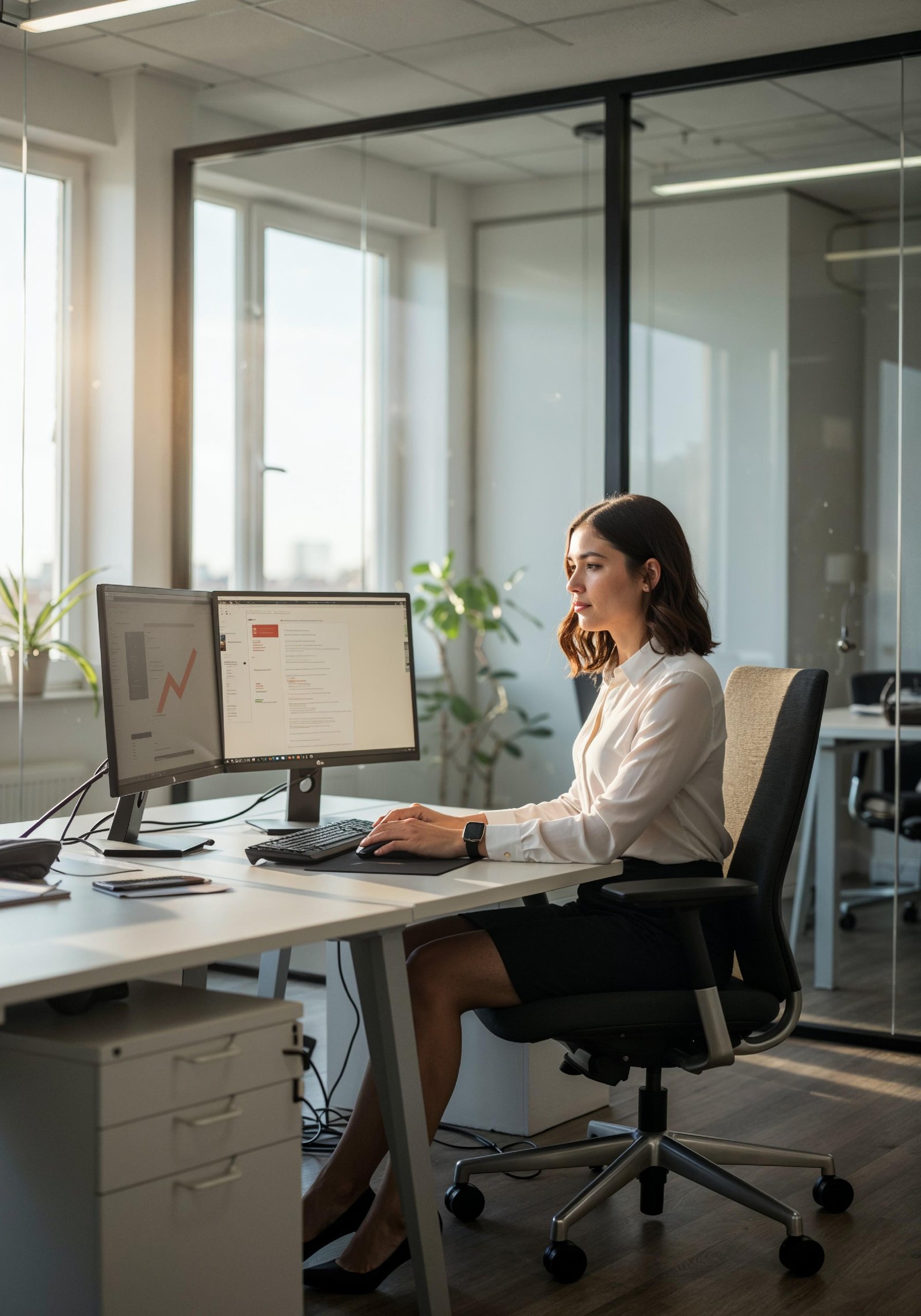Young Professional Woman Working on Laptop in Modern Office Workspace