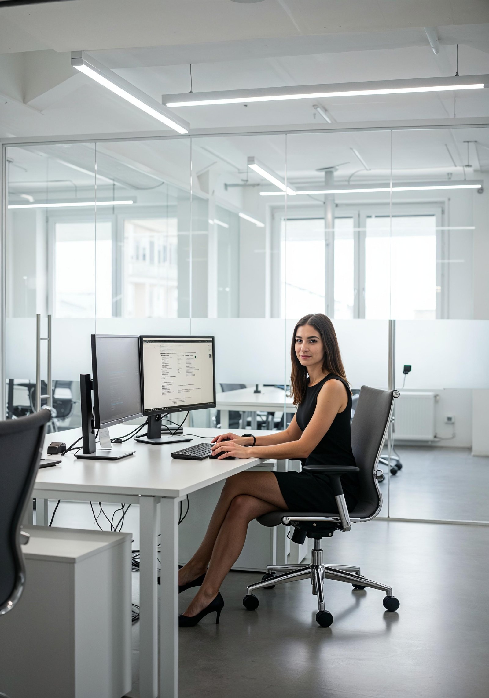 Young Professional Woman Working on Laptop in Modern Office Workspace