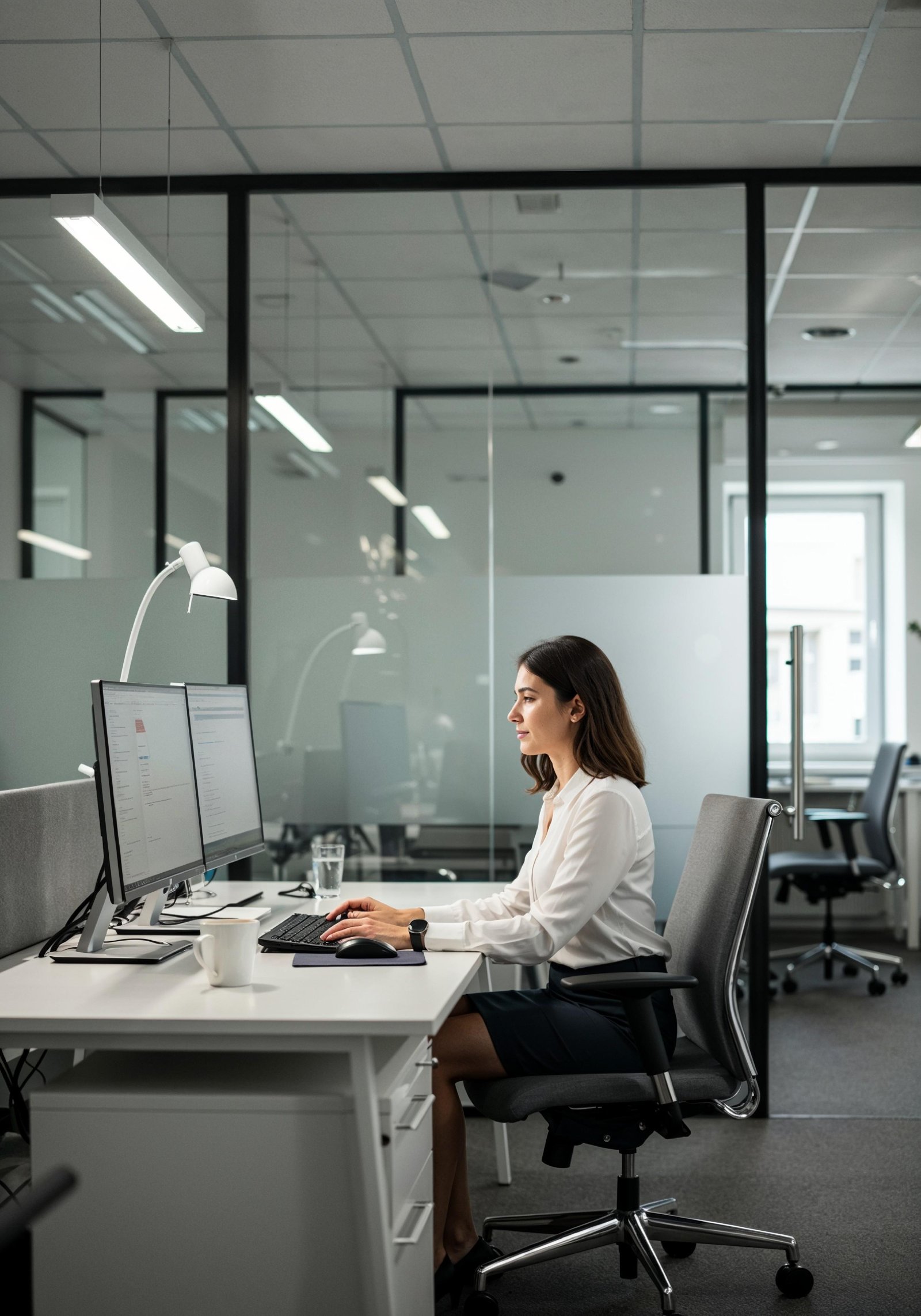 Young Professional Woman Working on Laptop in Modern Office Workspace