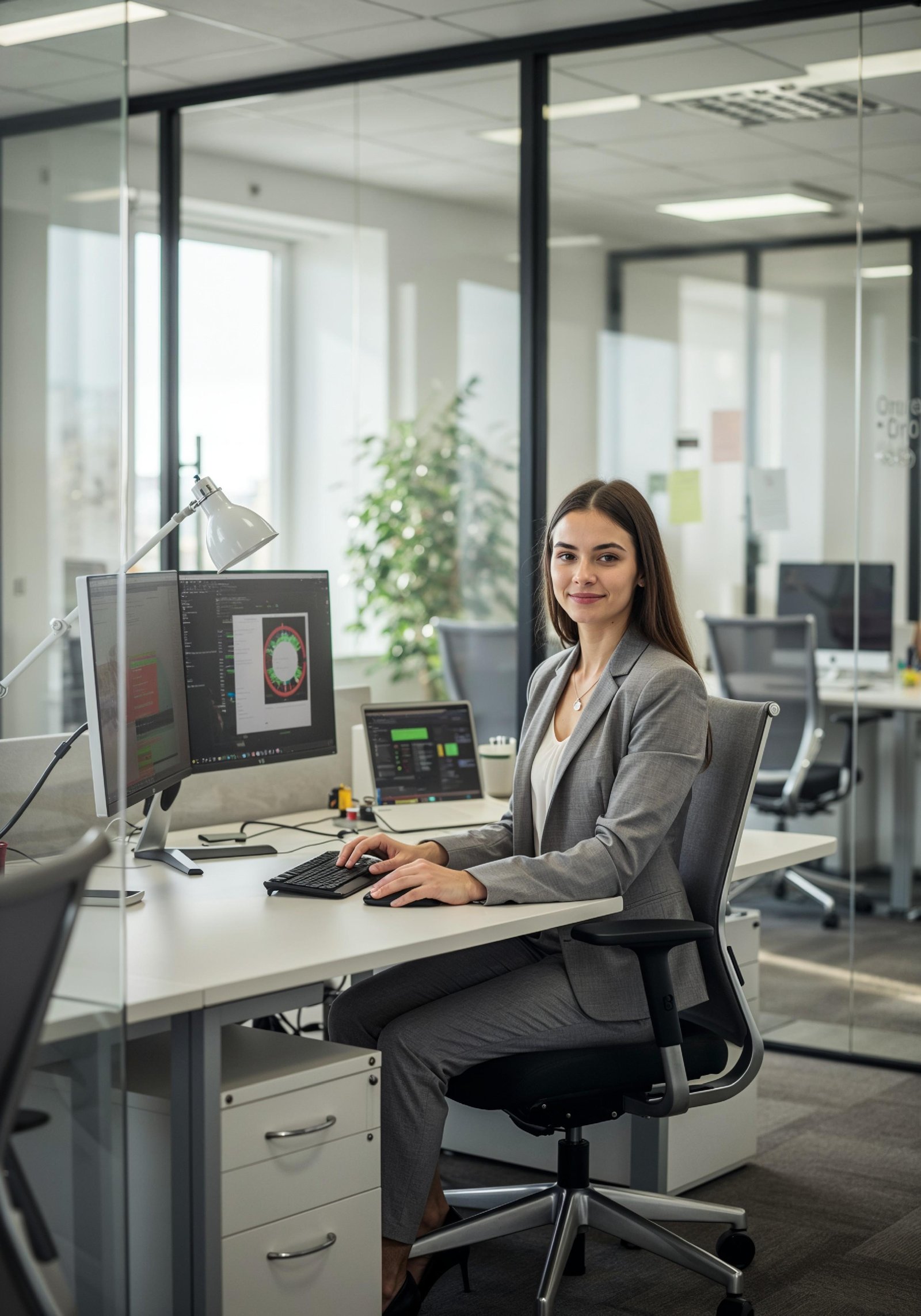Young Professional Woman Working on Laptop in Modern Office Workspace