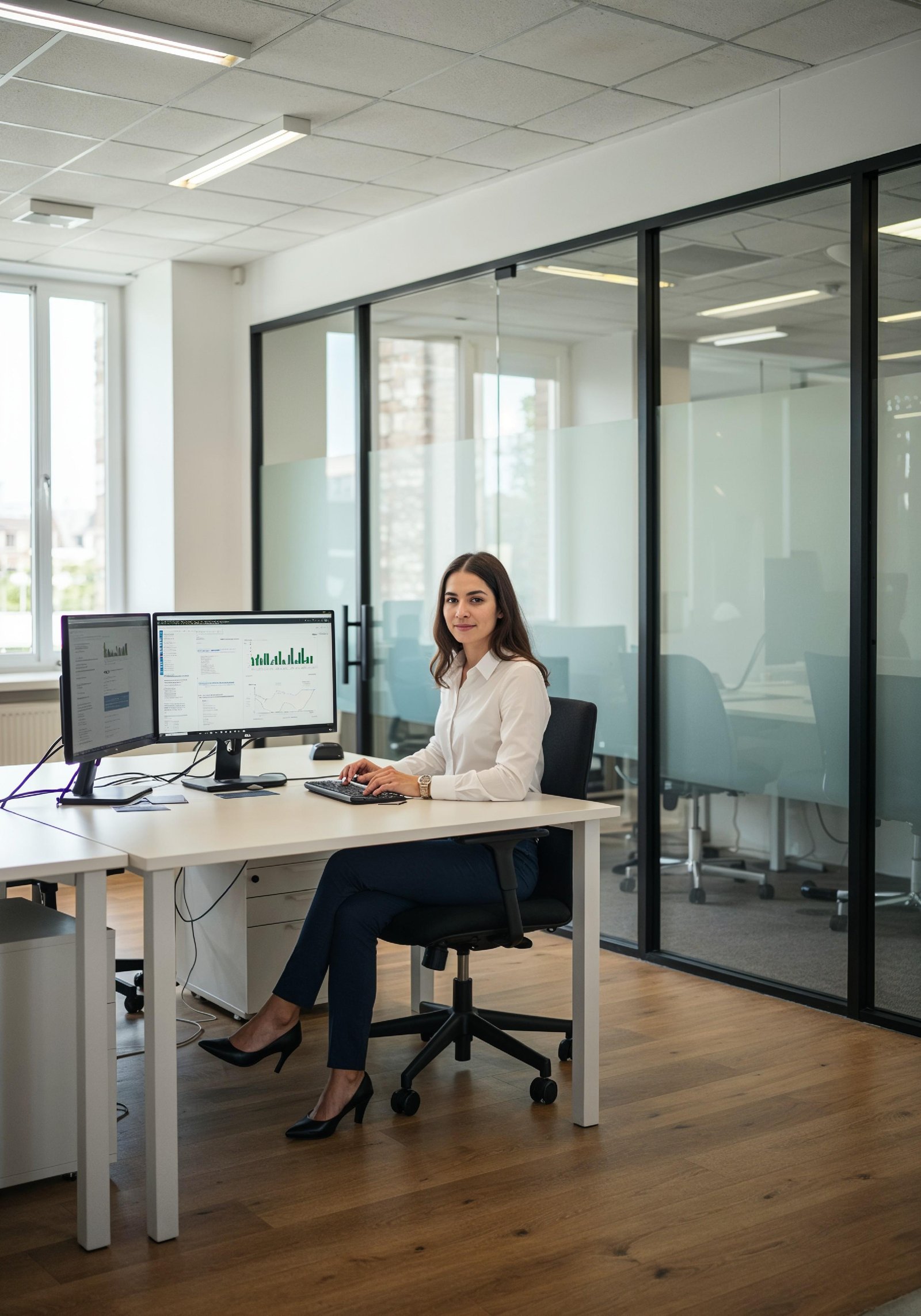 Young Professional Woman Working on Laptop in Modern Office Workspace
